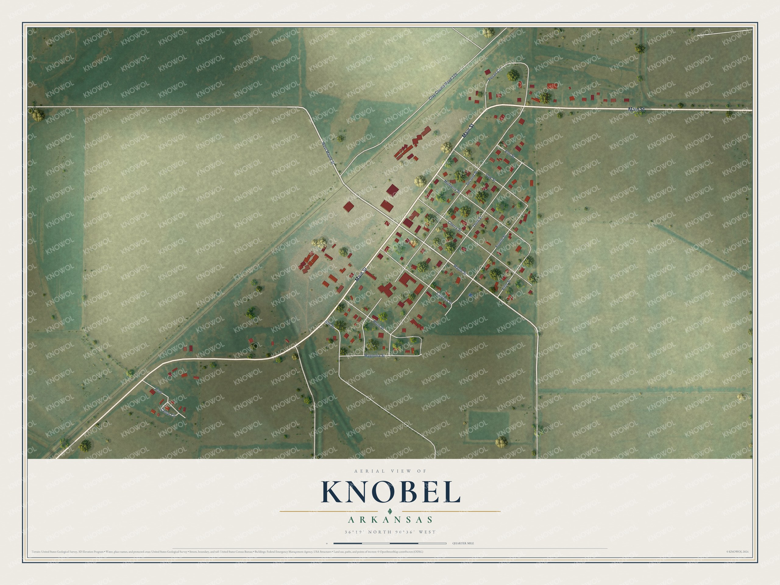 Full map of Knobel, Arkansas, with red buildings, printed street names and the land around them