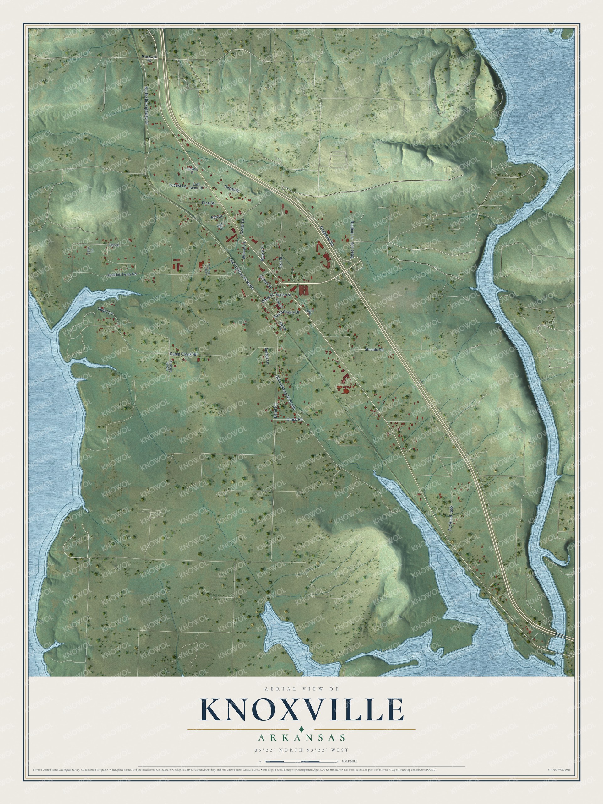 Full map of Knoxville, Arkansas, with red buildings, printed street names and the land around them