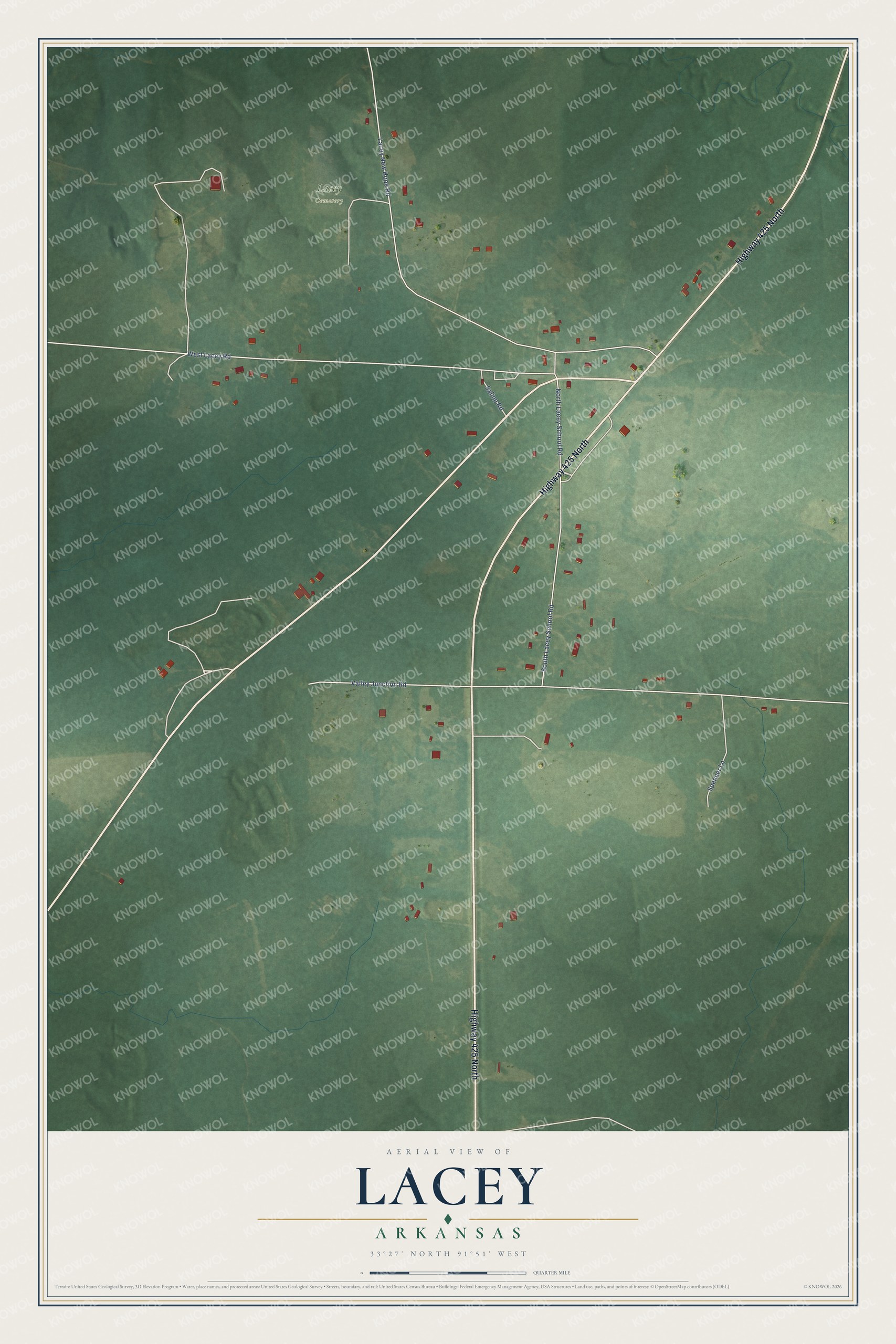 Full map of Lacey, Arkansas, with red buildings, printed street names and the land around them