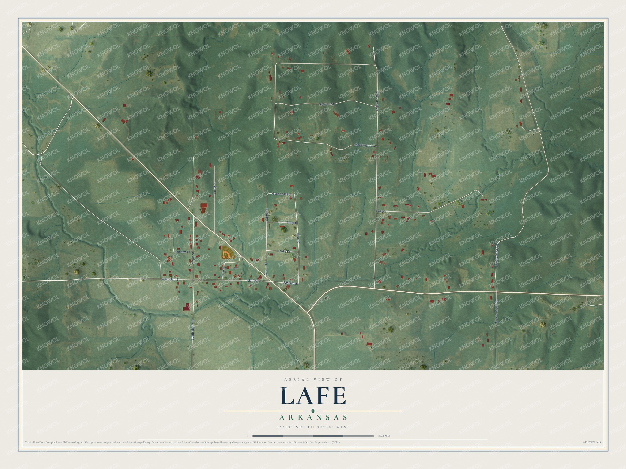 Full map of Lafe, Arkansas, with red buildings, printed street names and the land around them