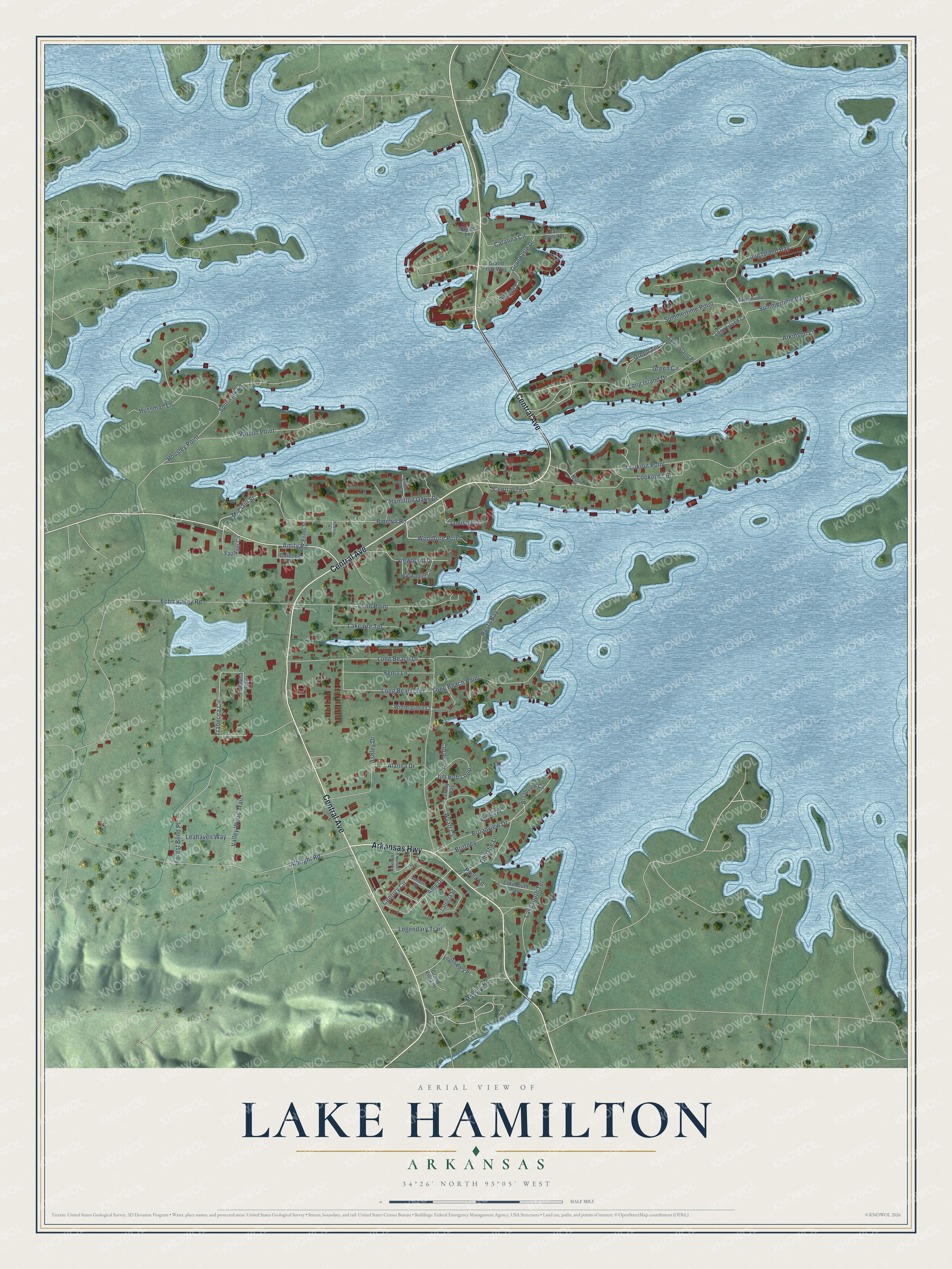 Full map of Lake Hamilton, Arkansas, with red buildings, printed street names and the land around them