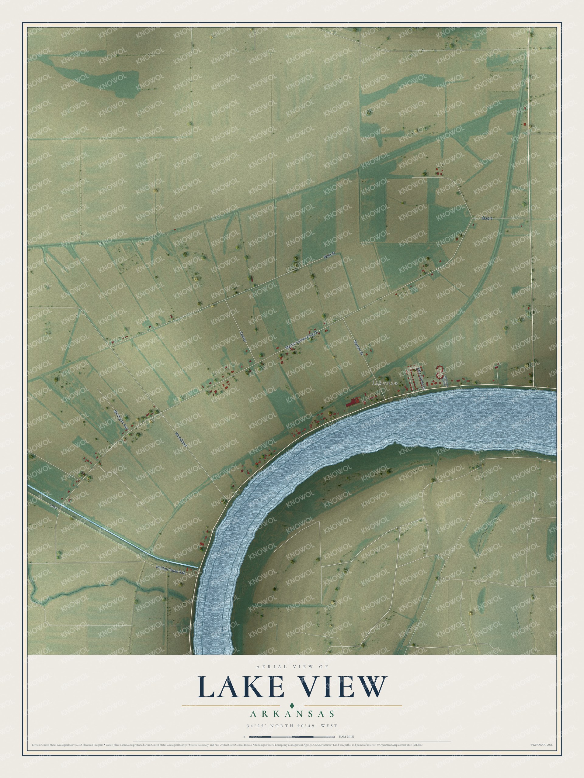 Full map of Lake View, Arkansas, with red buildings, printed street names and the land around them