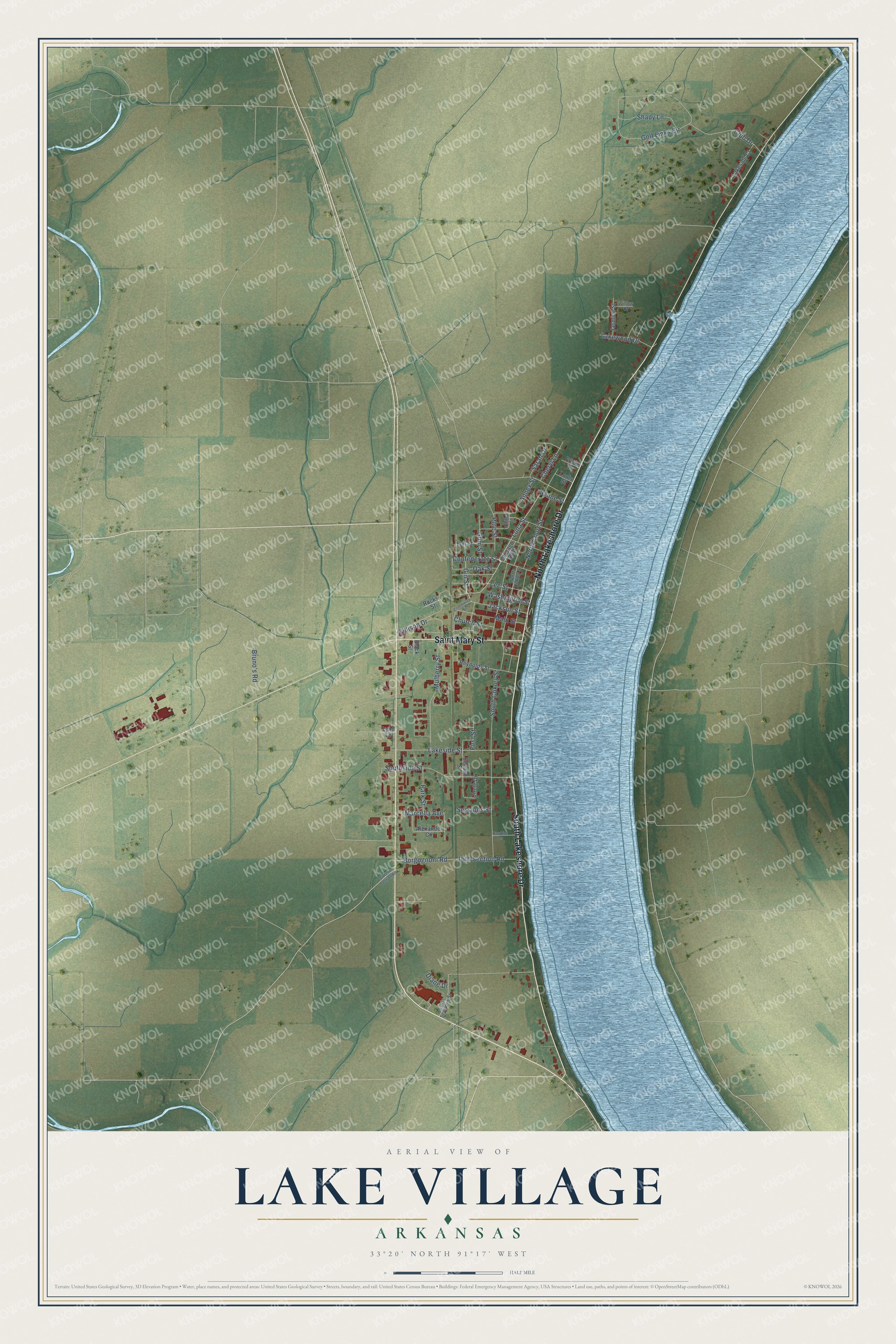 Full map of Lake Village, Arkansas, with red buildings, printed street names and the land around them
