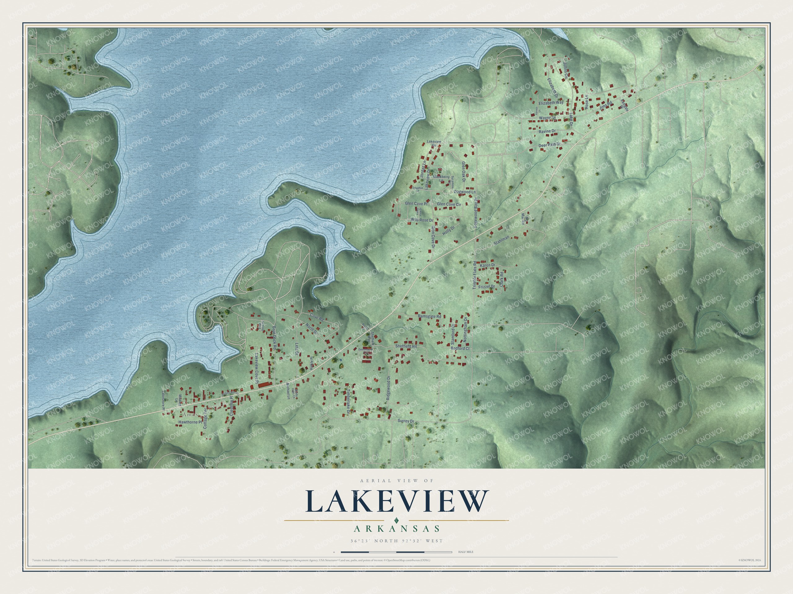 Full map of Lakeview, Arkansas, with red buildings, printed street names and the land around them