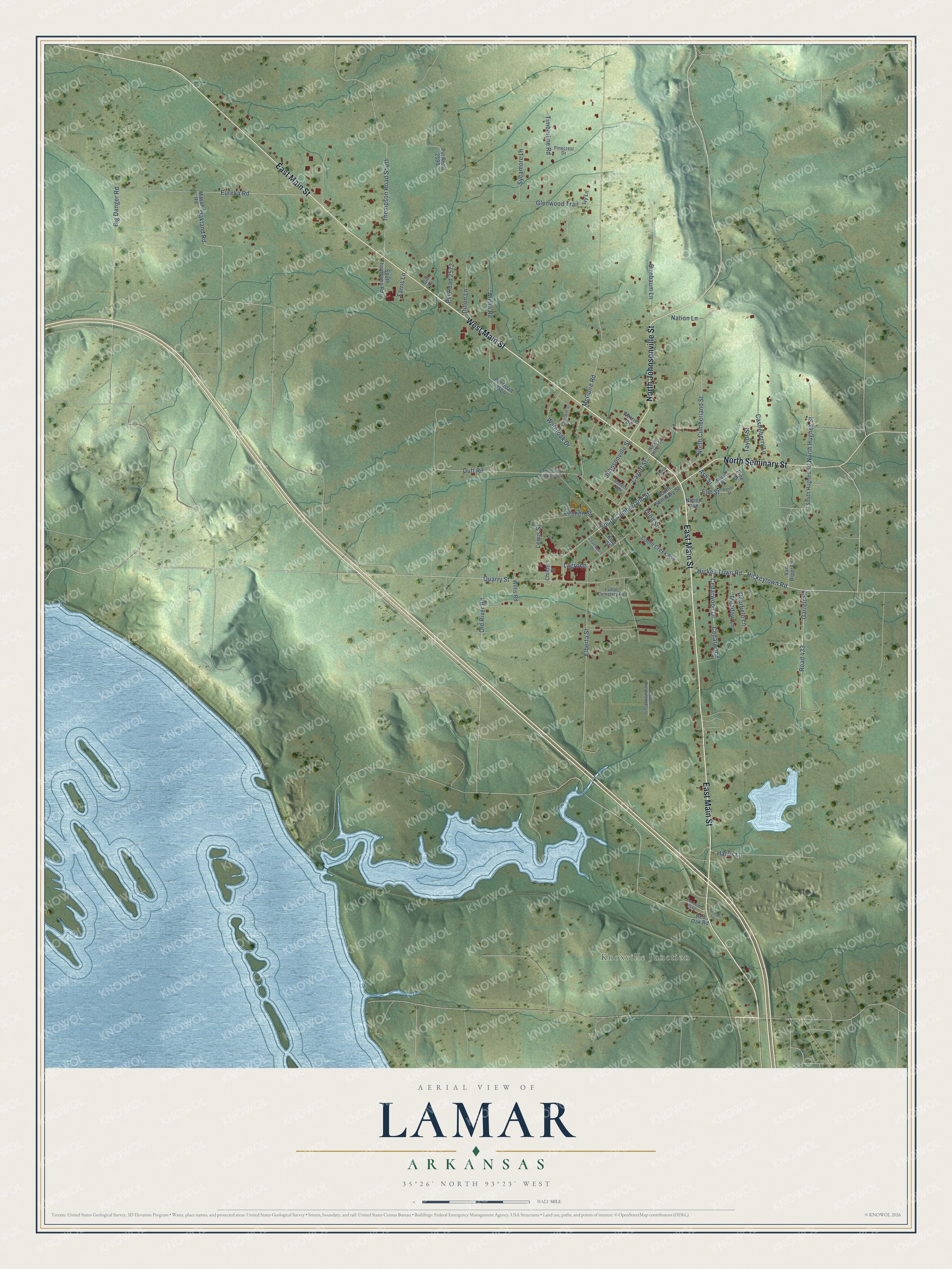 Full map of Lamar, Arkansas, with red buildings, printed street names and the land around them