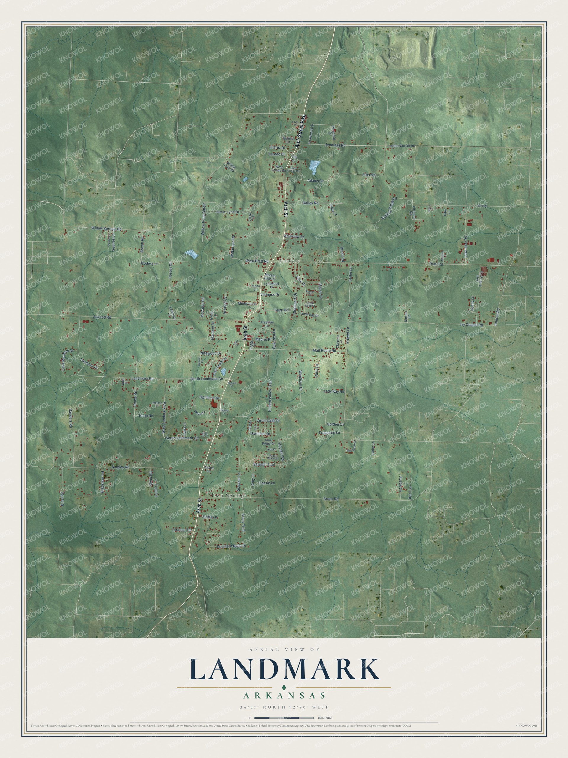 Full map of Landmark, Arkansas, with red buildings, printed street names and the land around them