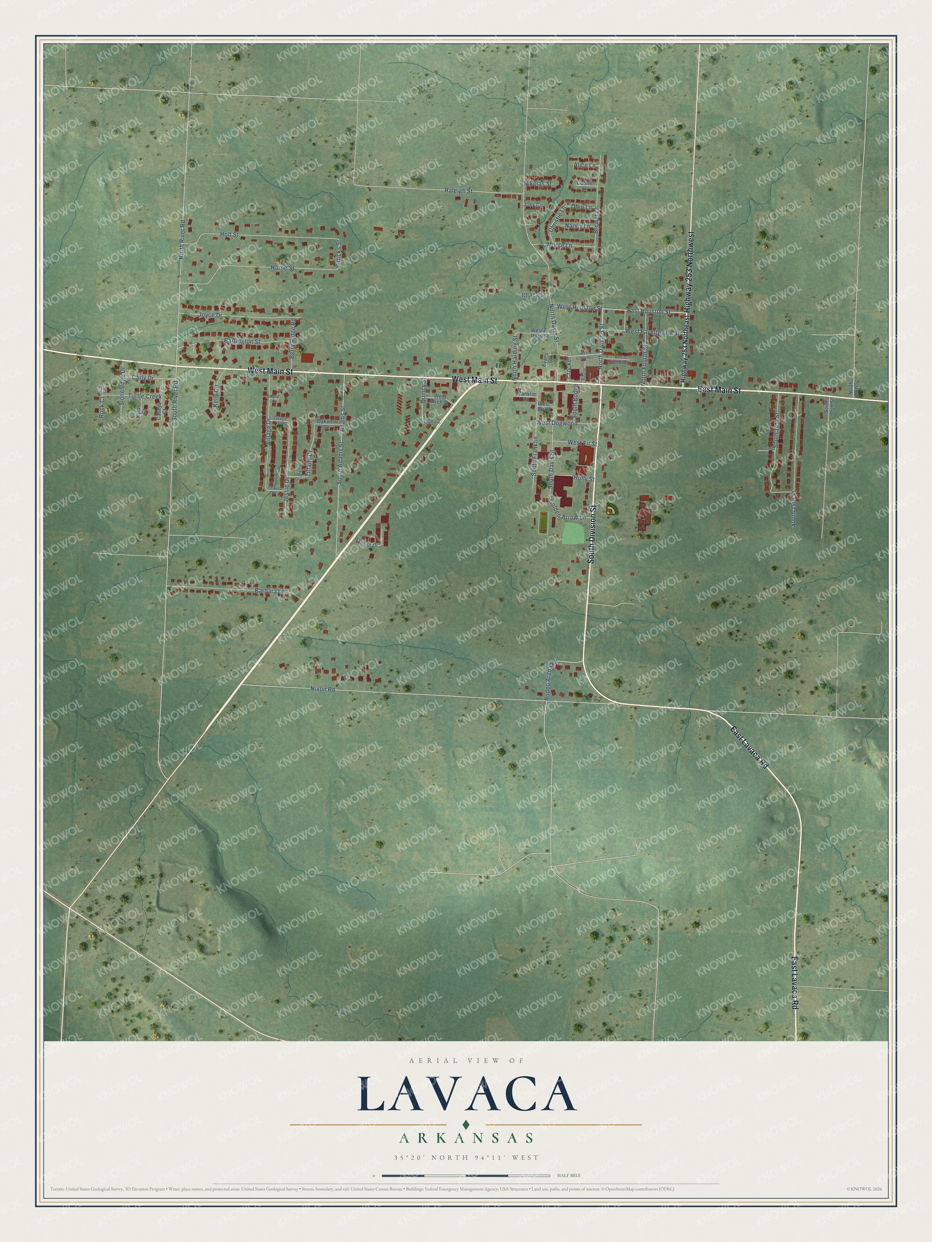 Full map of Lavaca, Arkansas, with red buildings, printed street names and the land around them