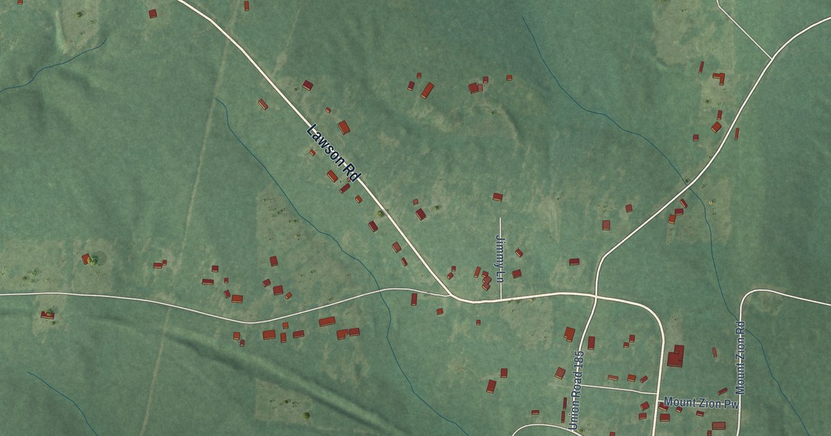 Close-up of streets and buildings in Lawson, Arkansas