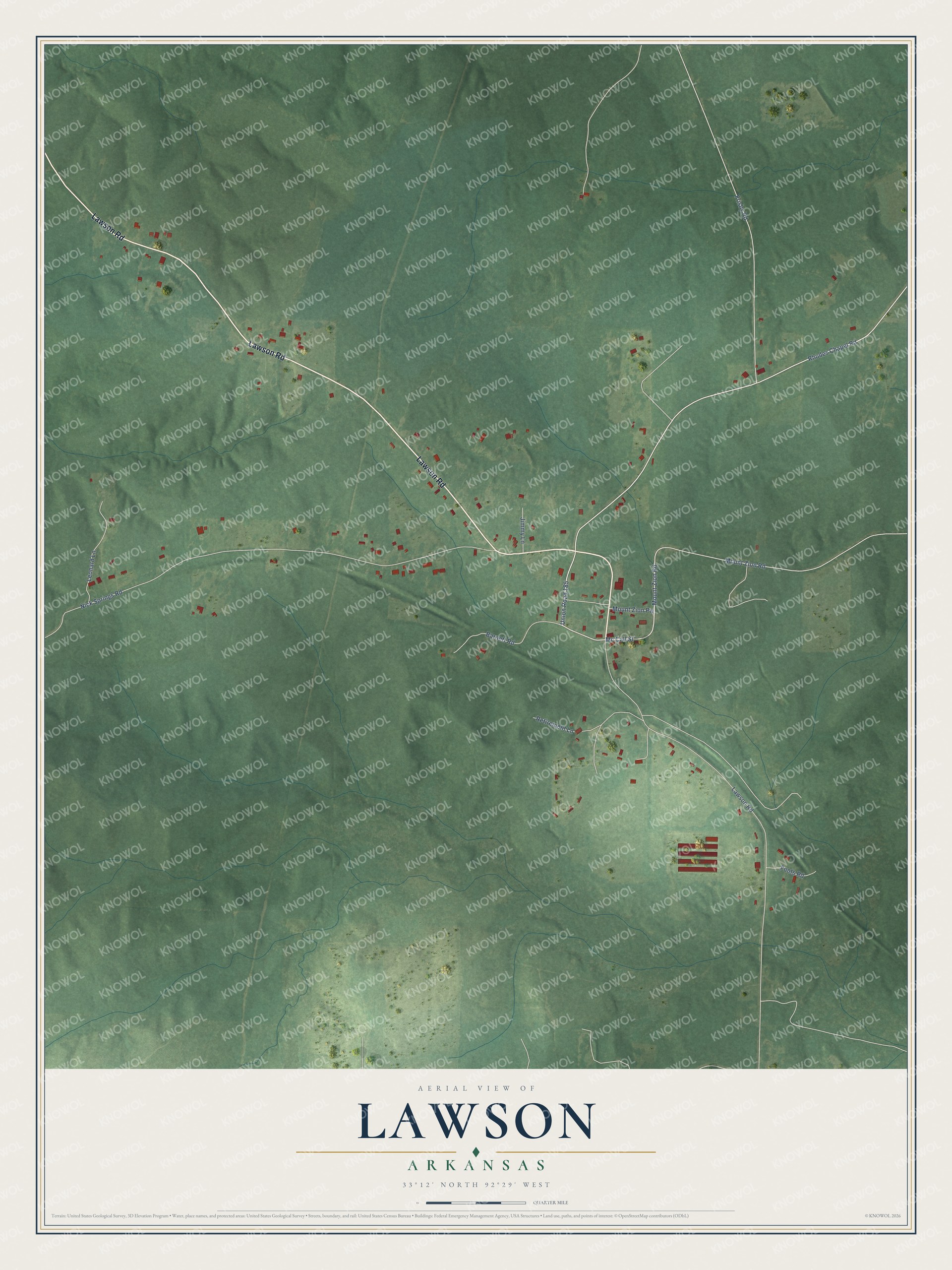 Full map of Lawson, Arkansas, with red buildings, printed street names and the land around them