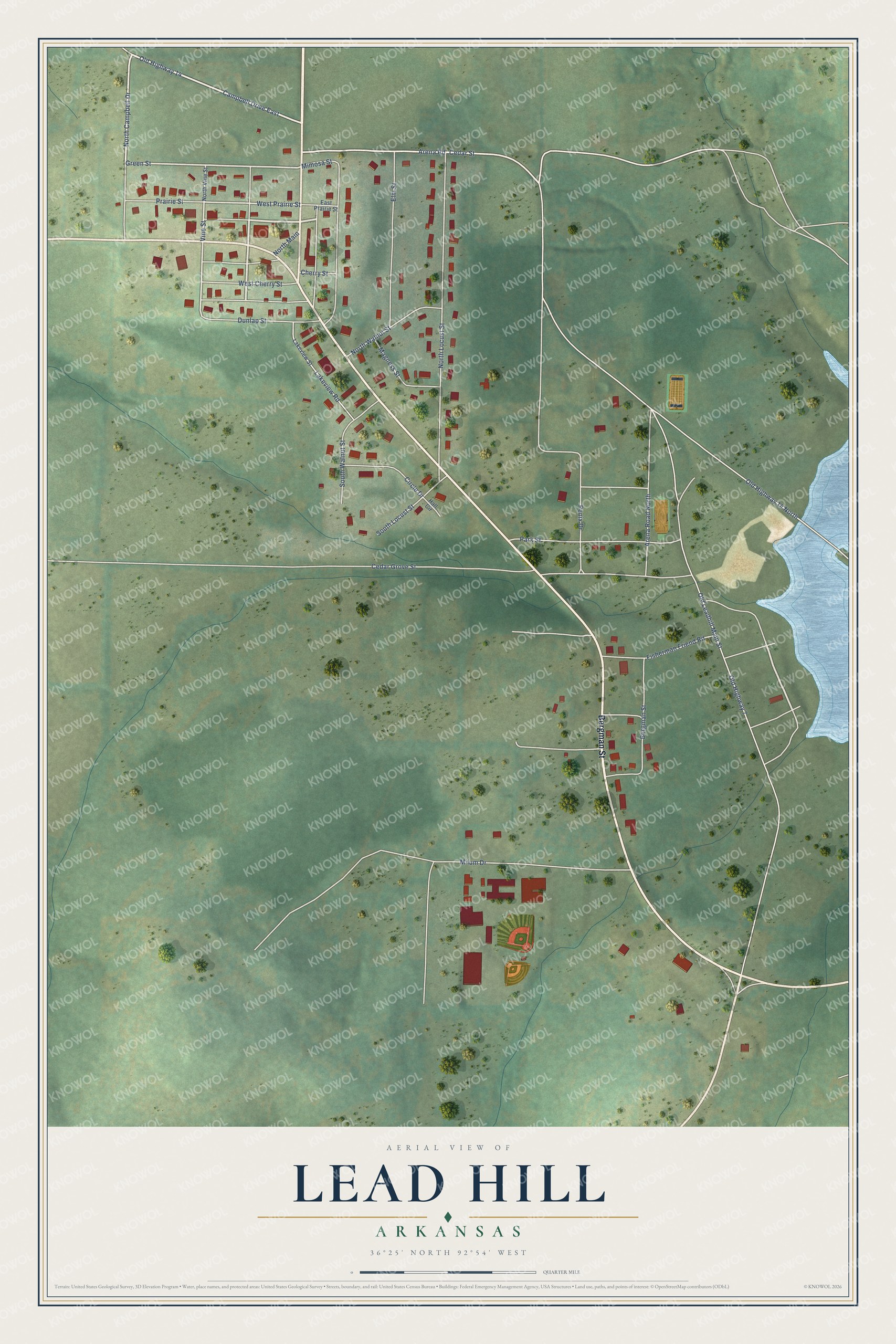 Full map of Lead Hill, Arkansas, with red buildings, printed street names and the land around them