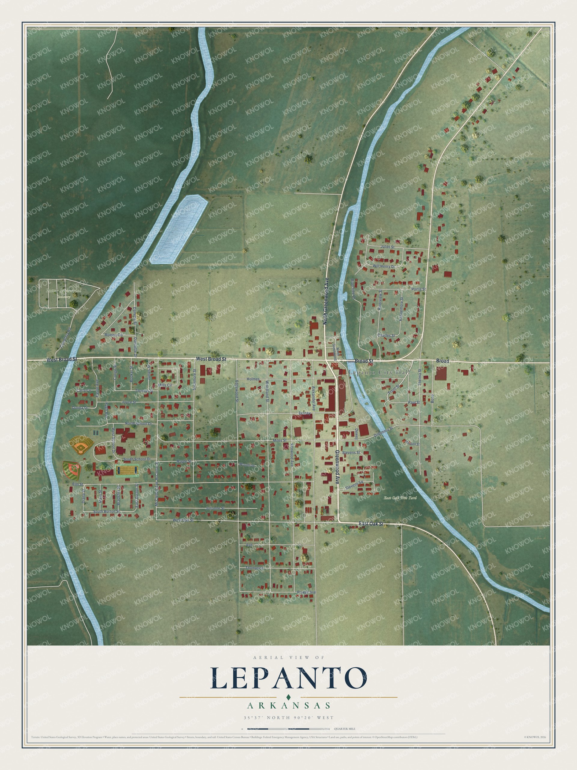 Full map of Lepanto, Arkansas, with red buildings, printed street names and the land around them