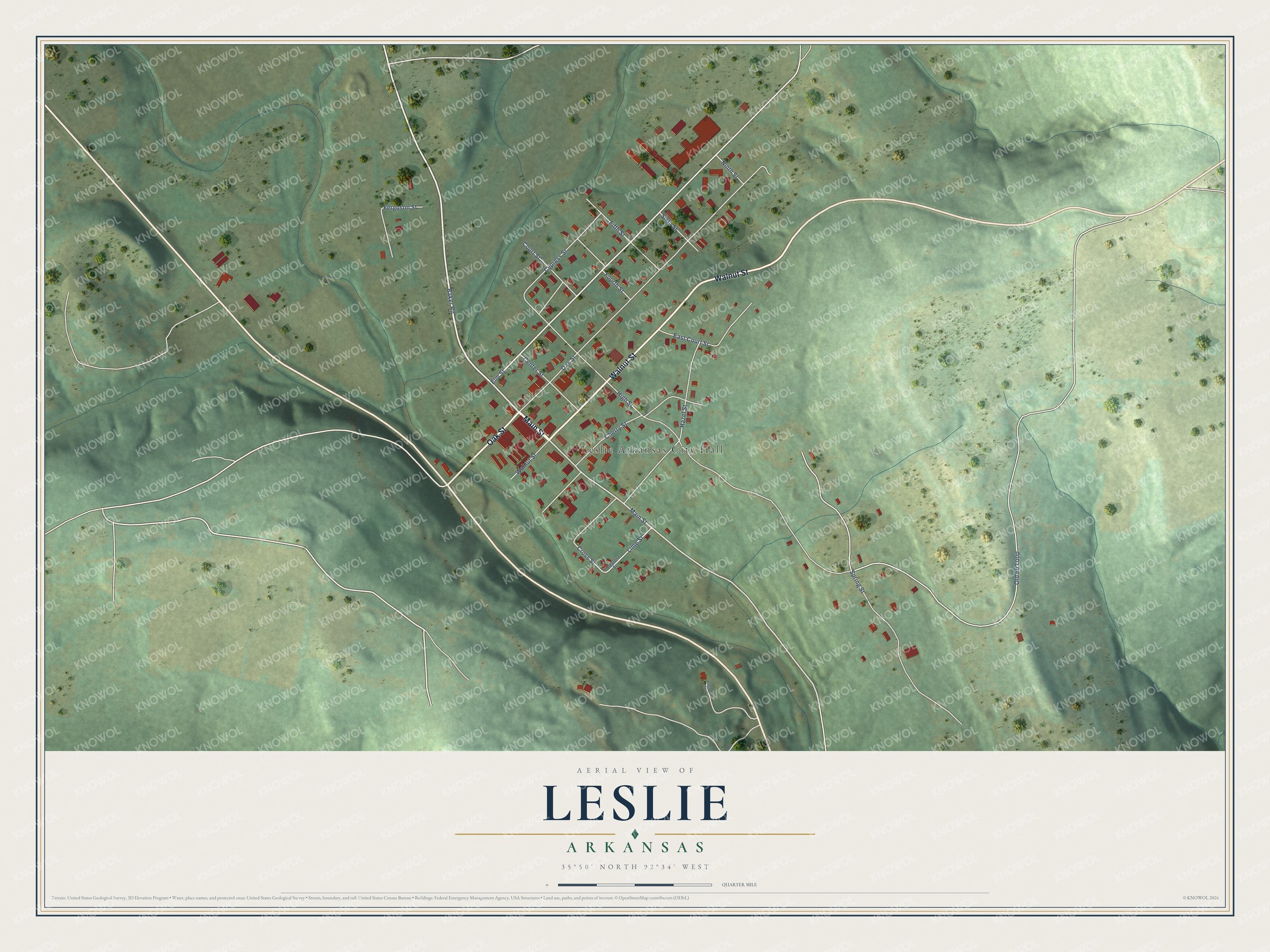 Full map of Leslie, Arkansas, with red buildings, printed street names and the land around them