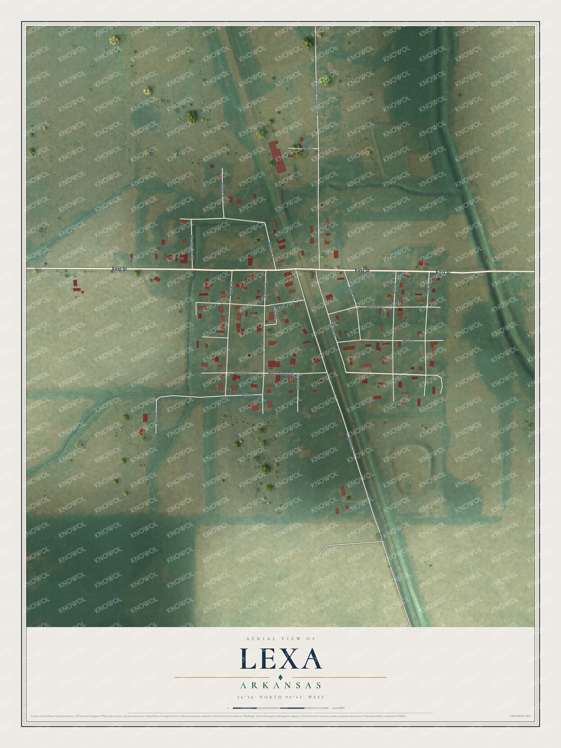 Full map of Lexa, Arkansas, with red buildings, printed street names and the land around them