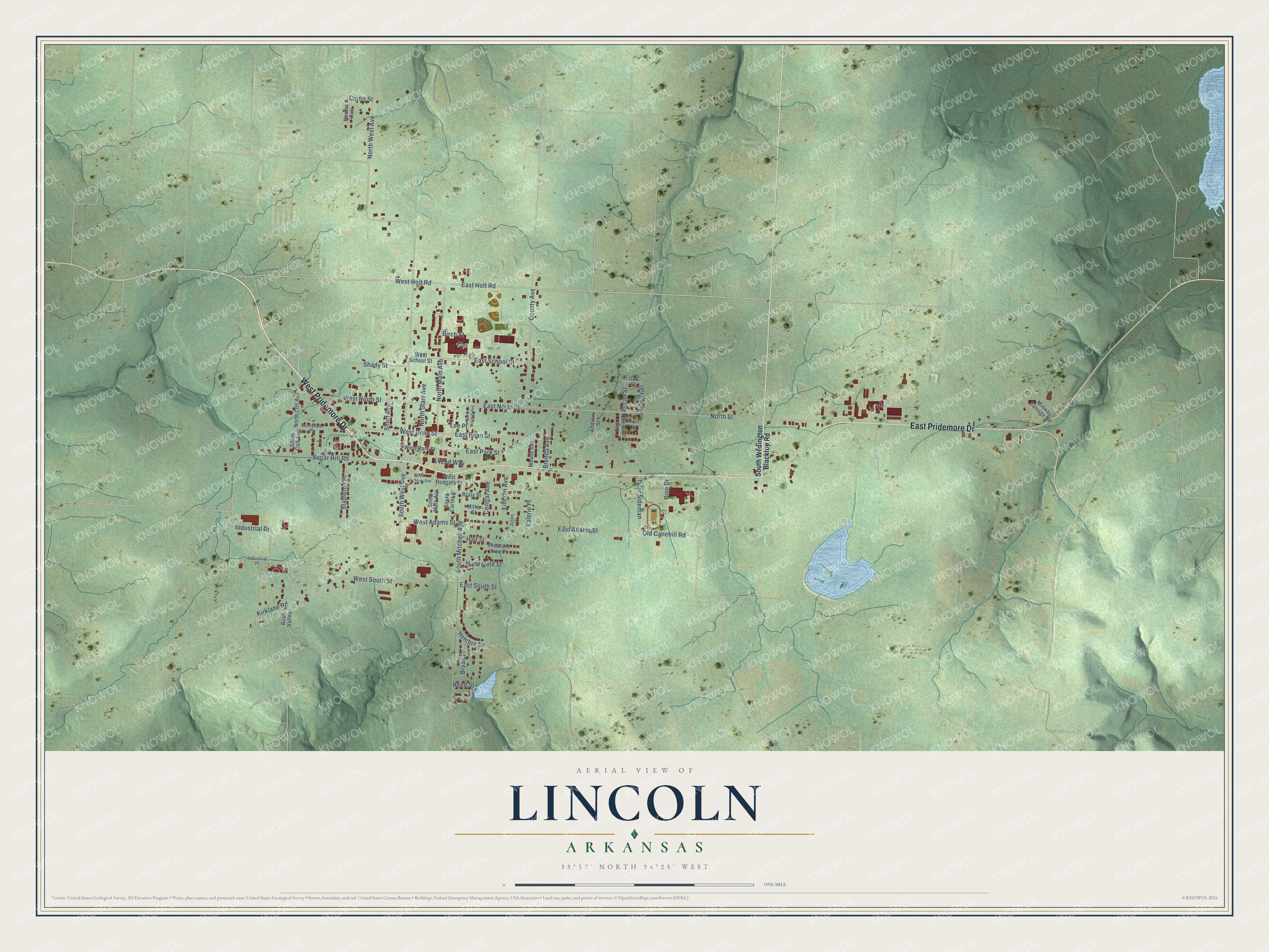 Full map of Lincoln, Arkansas, with red buildings, printed street names and the land around them