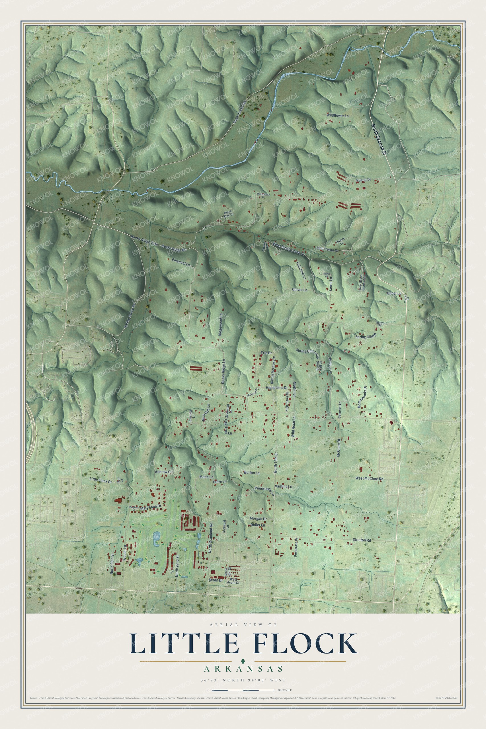 Full map of Little Flock, Arkansas, with red buildings, printed street names and the land around them