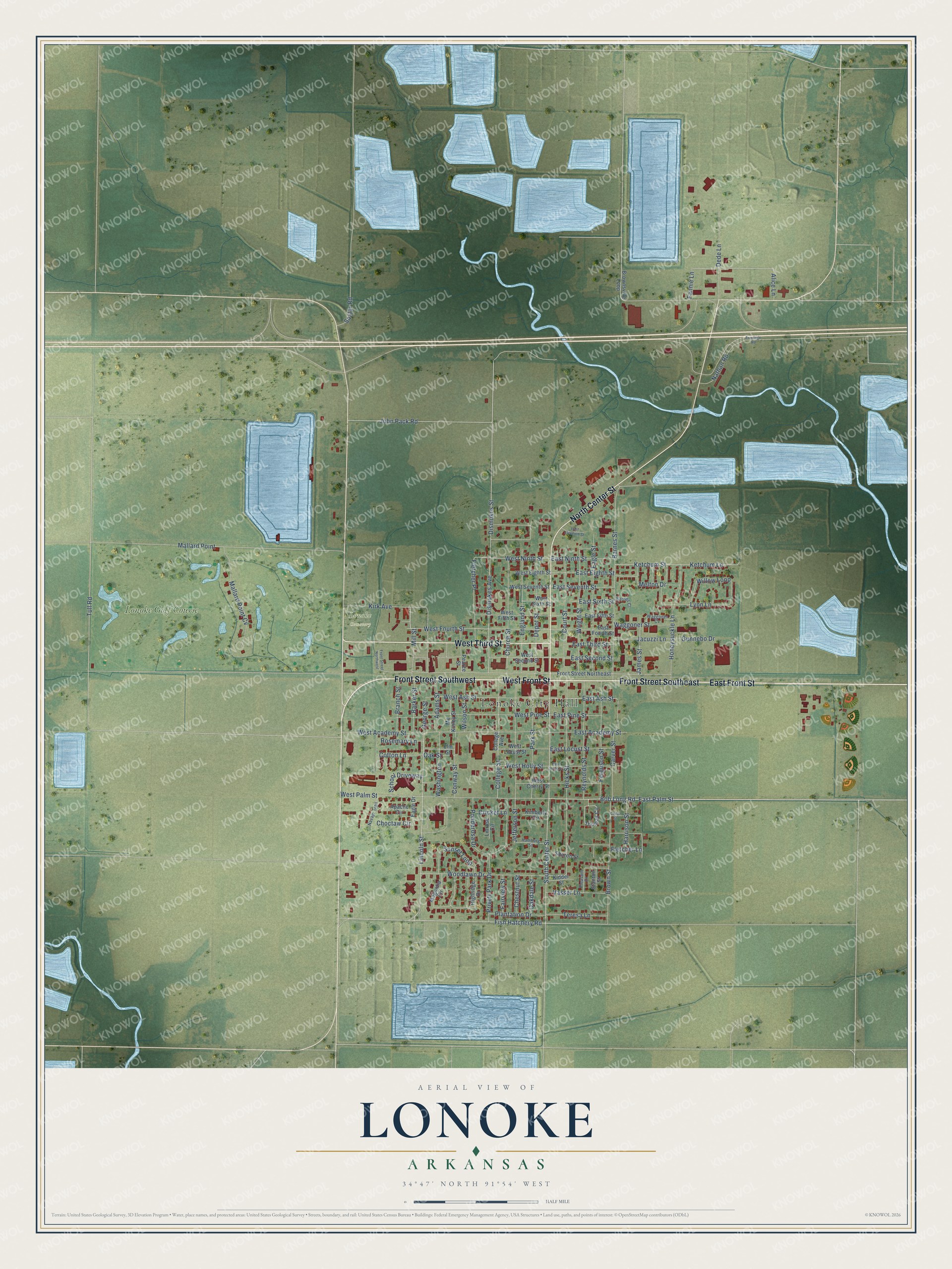 Full map of Lonoke, Arkansas, with red buildings, printed street names and the land around them