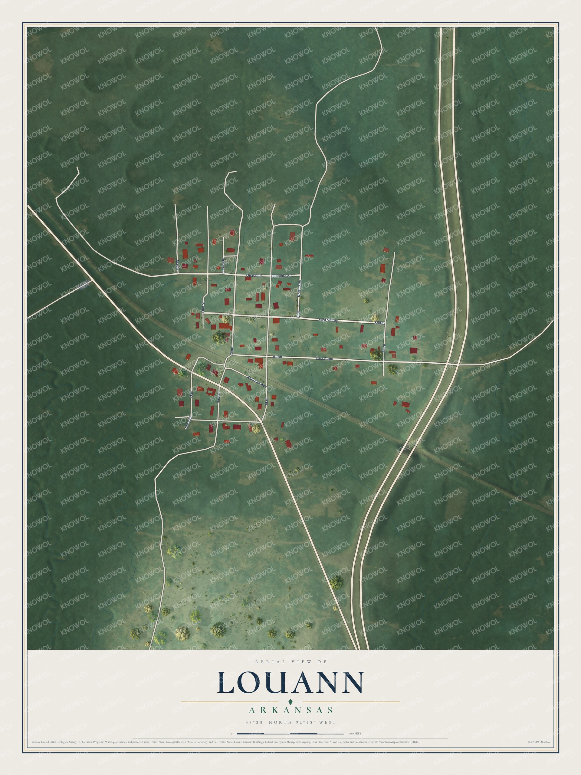 Full map of Louann, Arkansas, with red buildings, printed street names and the land around them