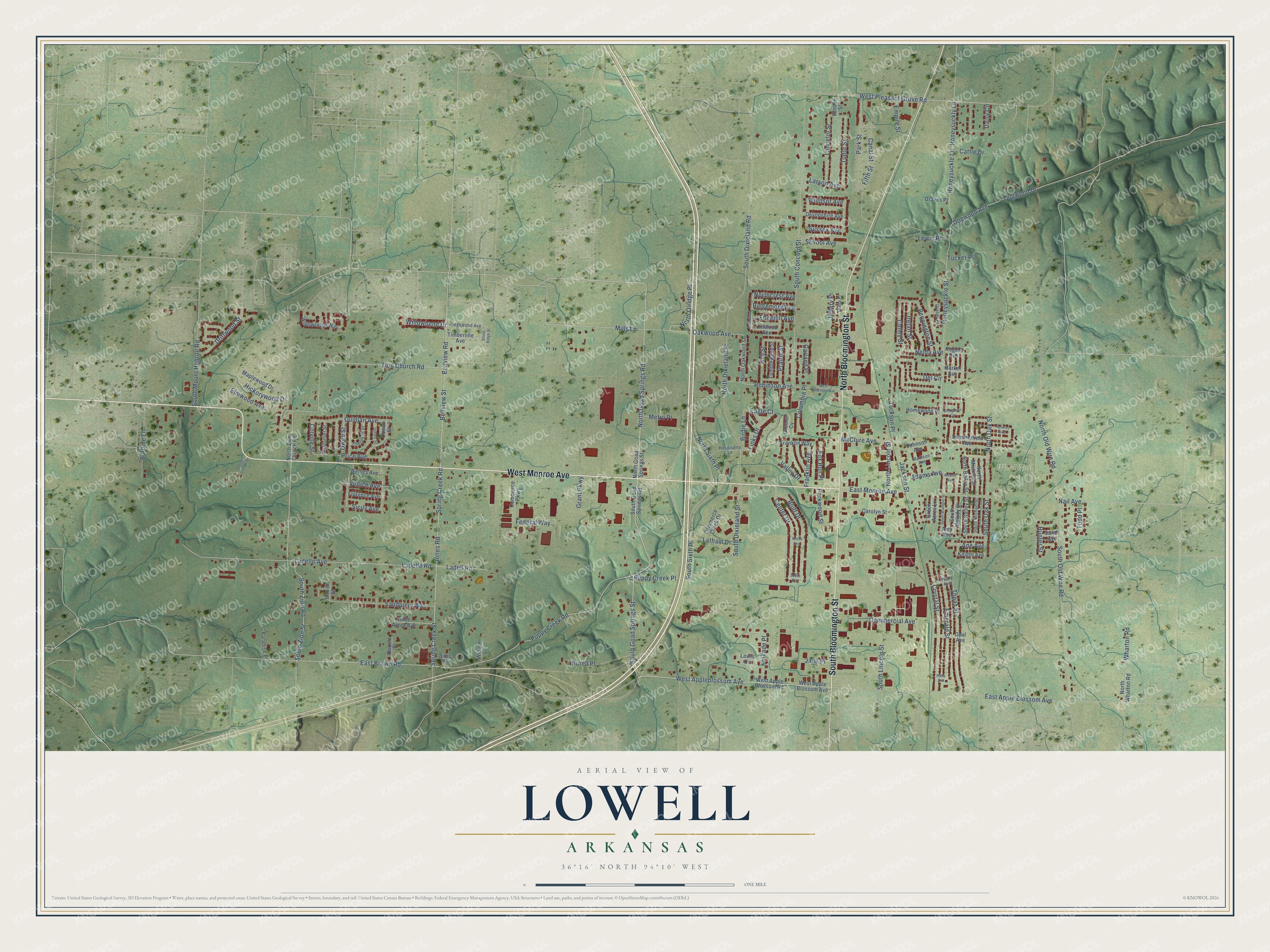 Full map of Lowell, Arkansas, with red buildings, printed street names and the land around them
