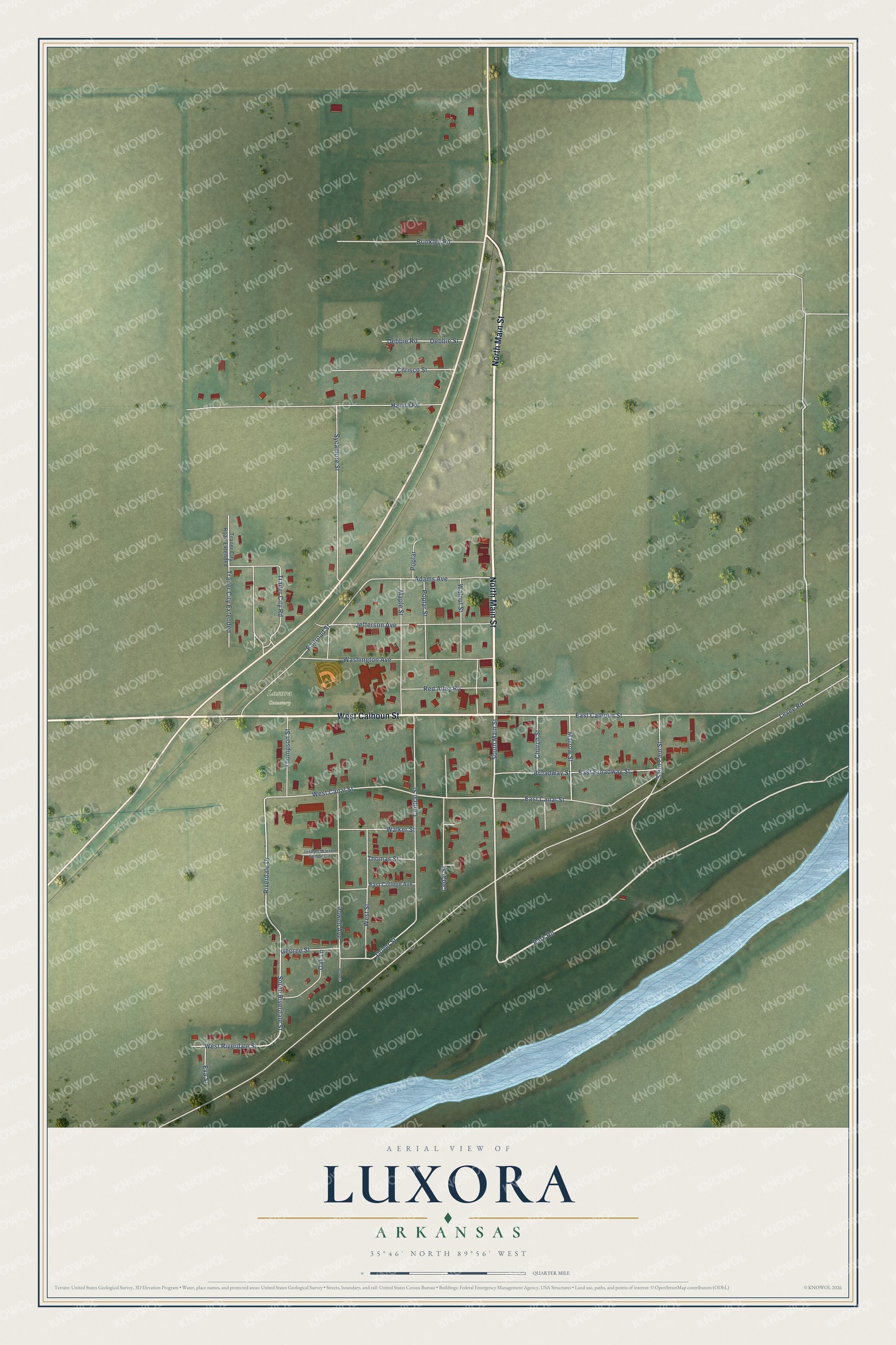 Full map of Luxora, Arkansas, with red buildings, printed street names and the land around them
