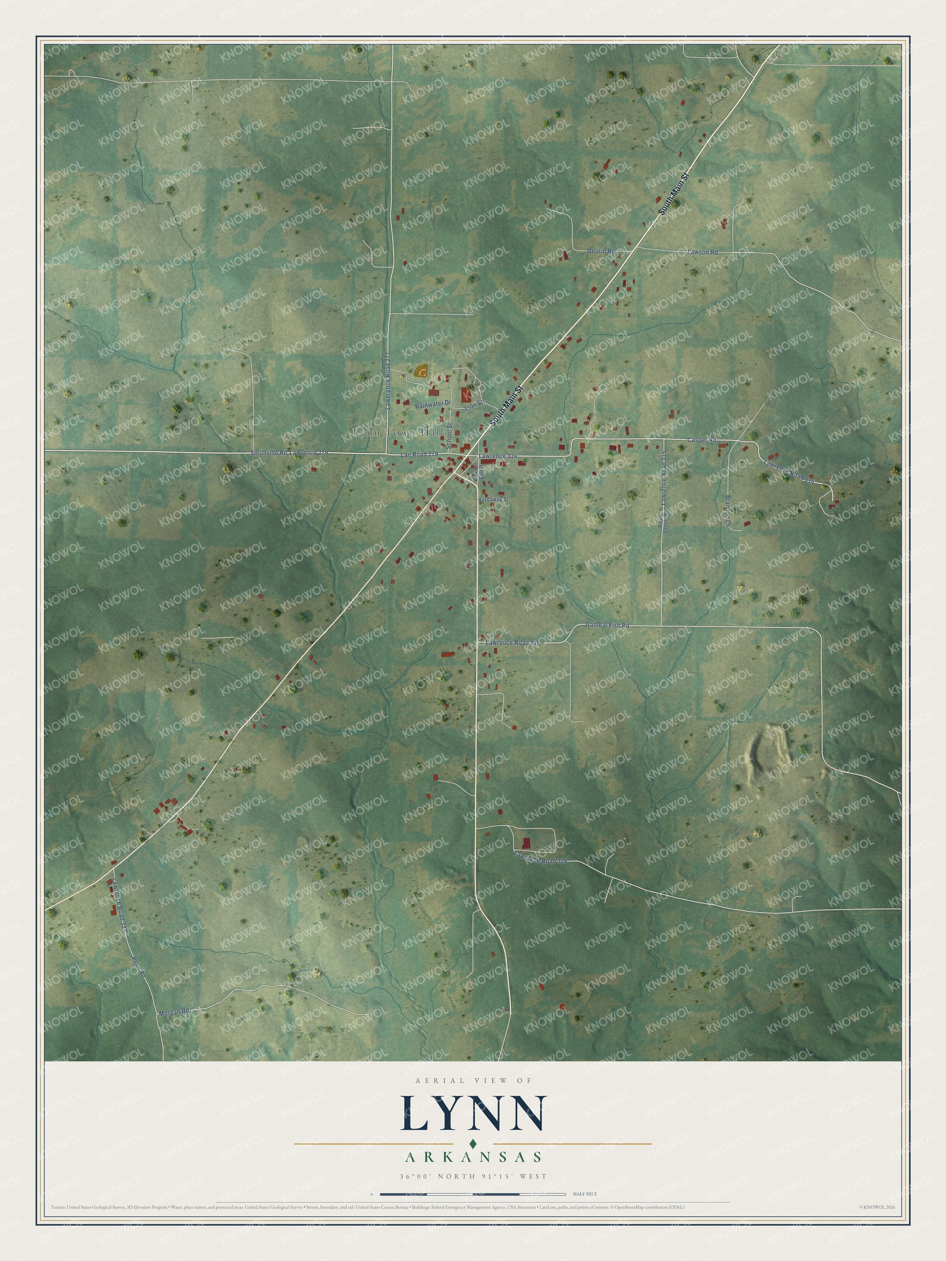 Full map of Lynn, Arkansas, with red buildings, printed street names and the land around them