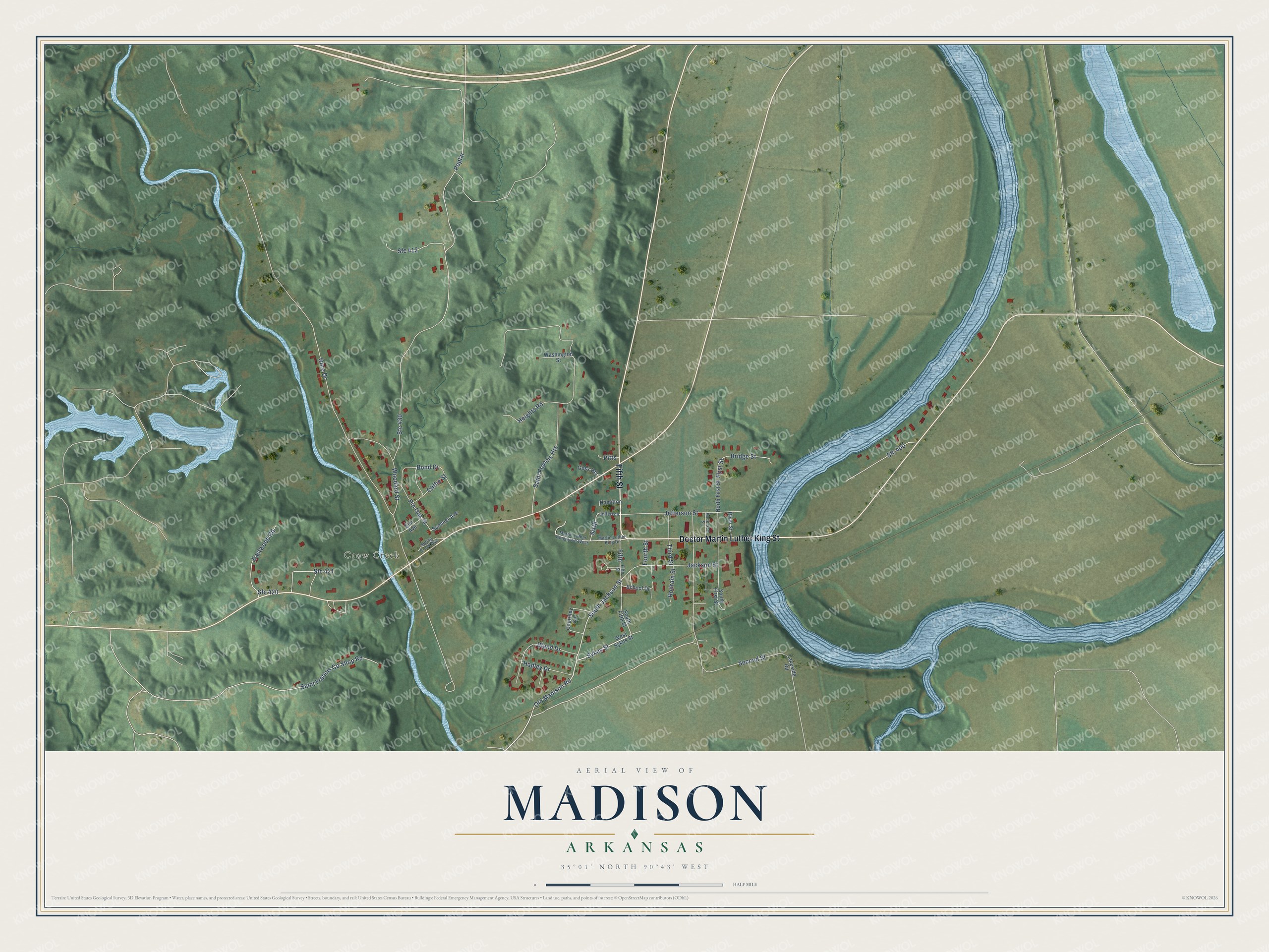 Full map of Madison, Arkansas, with red buildings, printed street names and the land around them