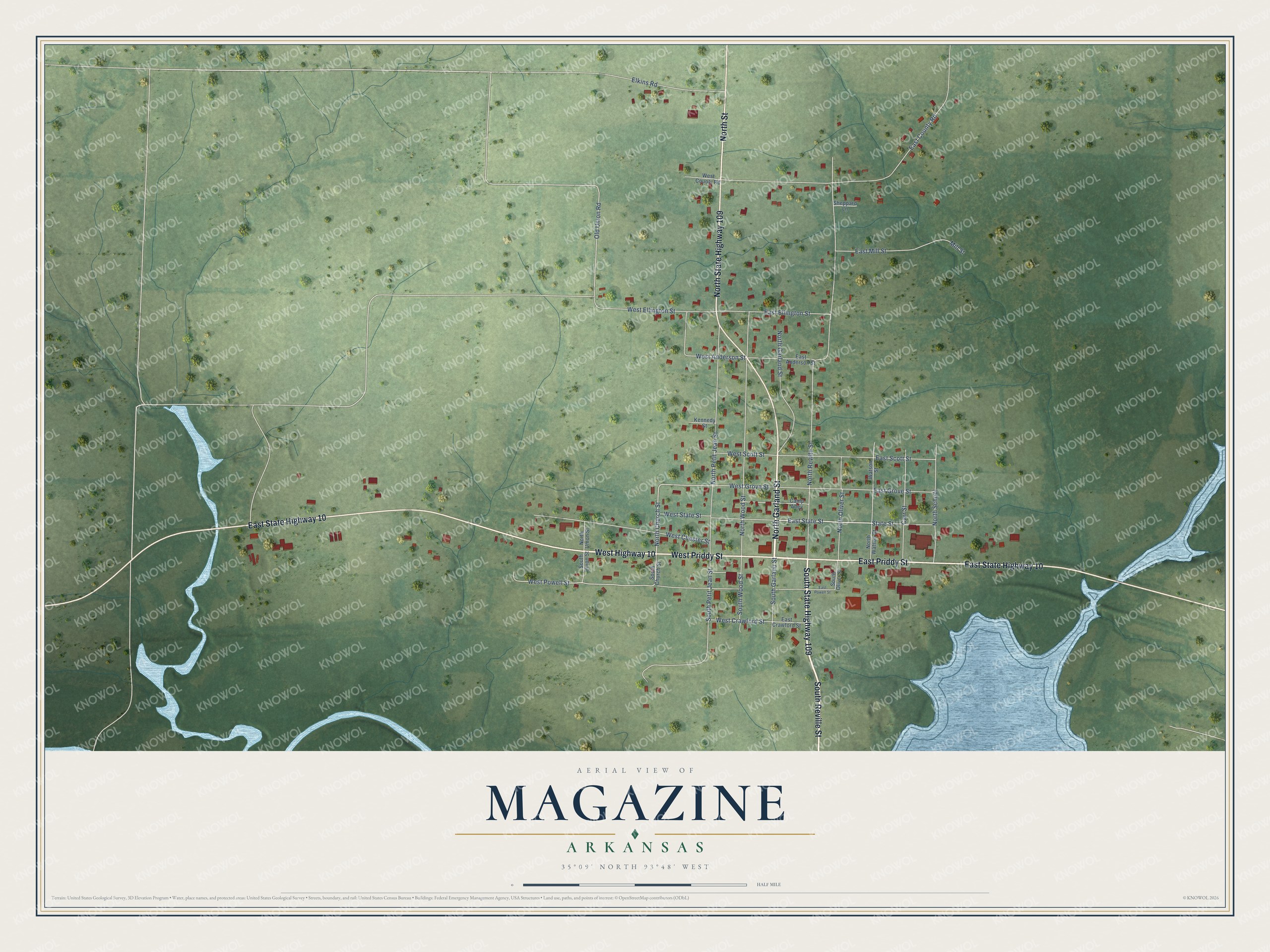 Full map of Magazine, Arkansas, with red buildings, printed street names and the land around them