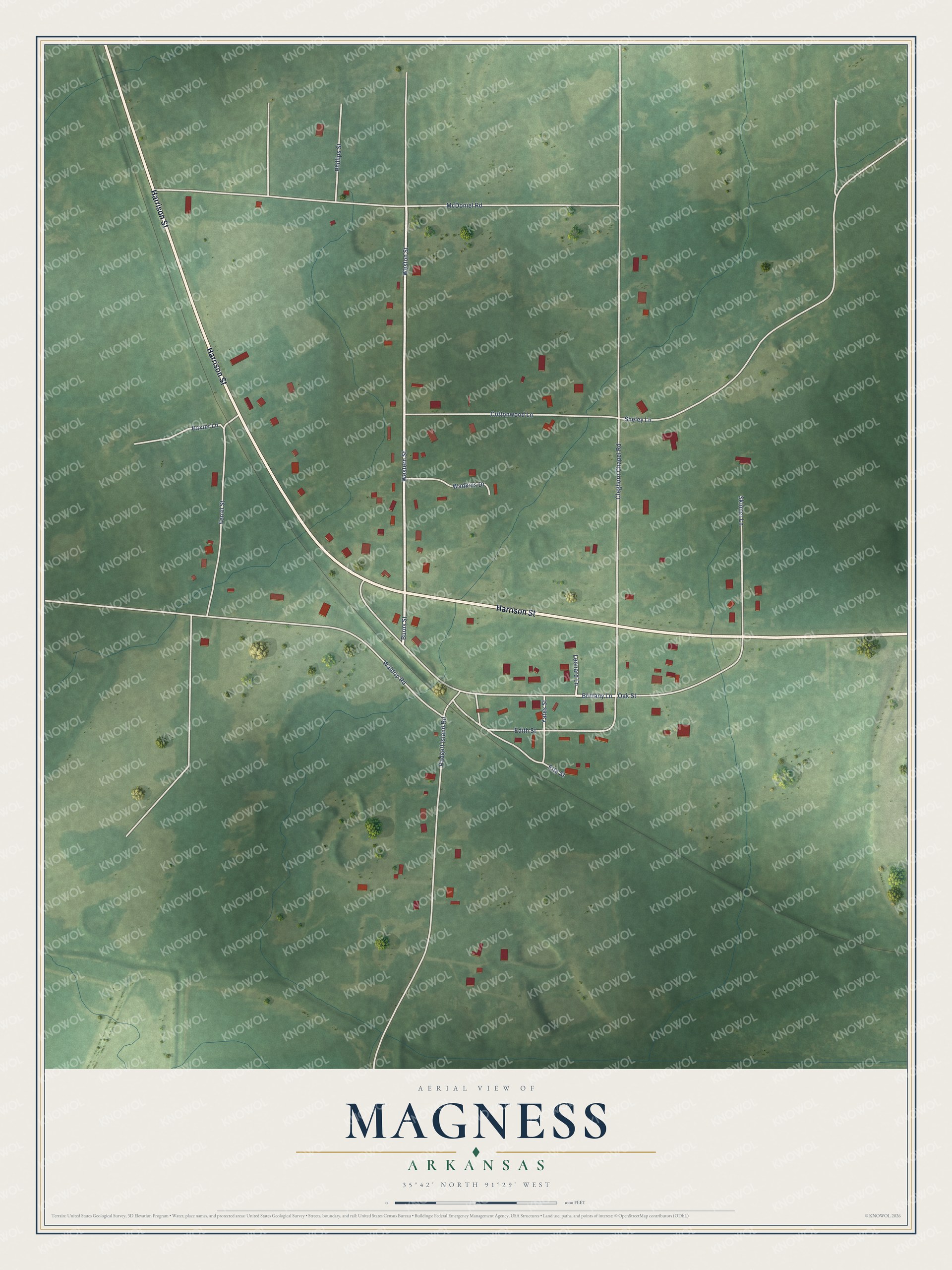 Full map of Magness, Arkansas, with red buildings, printed street names and the land around them