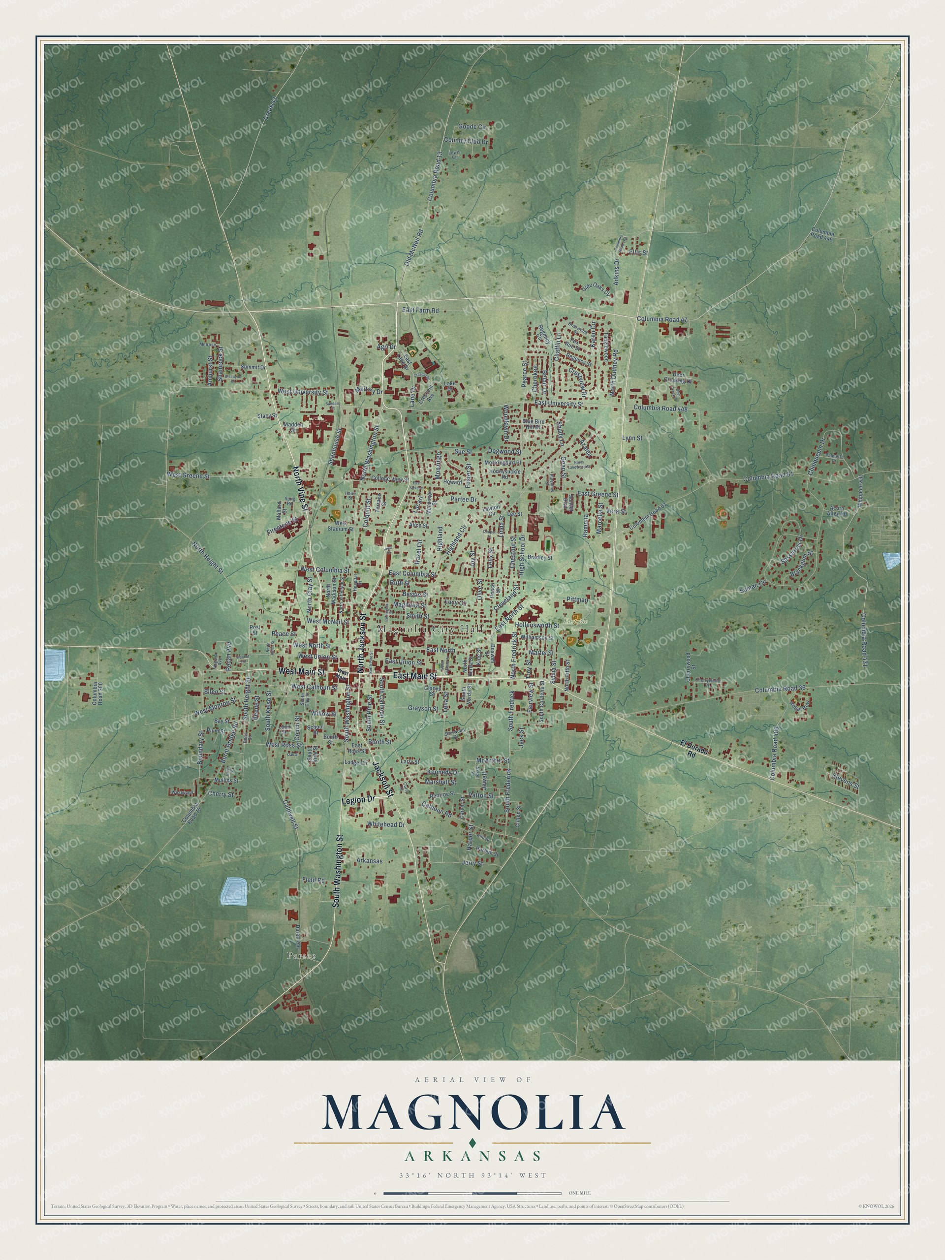Full map of Magnolia, Arkansas, with red buildings, printed street names and the land around them