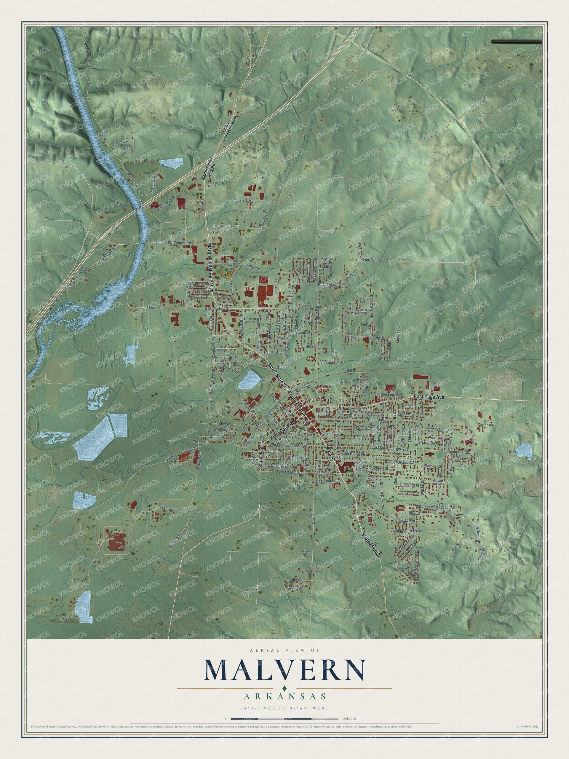 Full map of Malvern, Arkansas, with red buildings, printed street names and the land around them