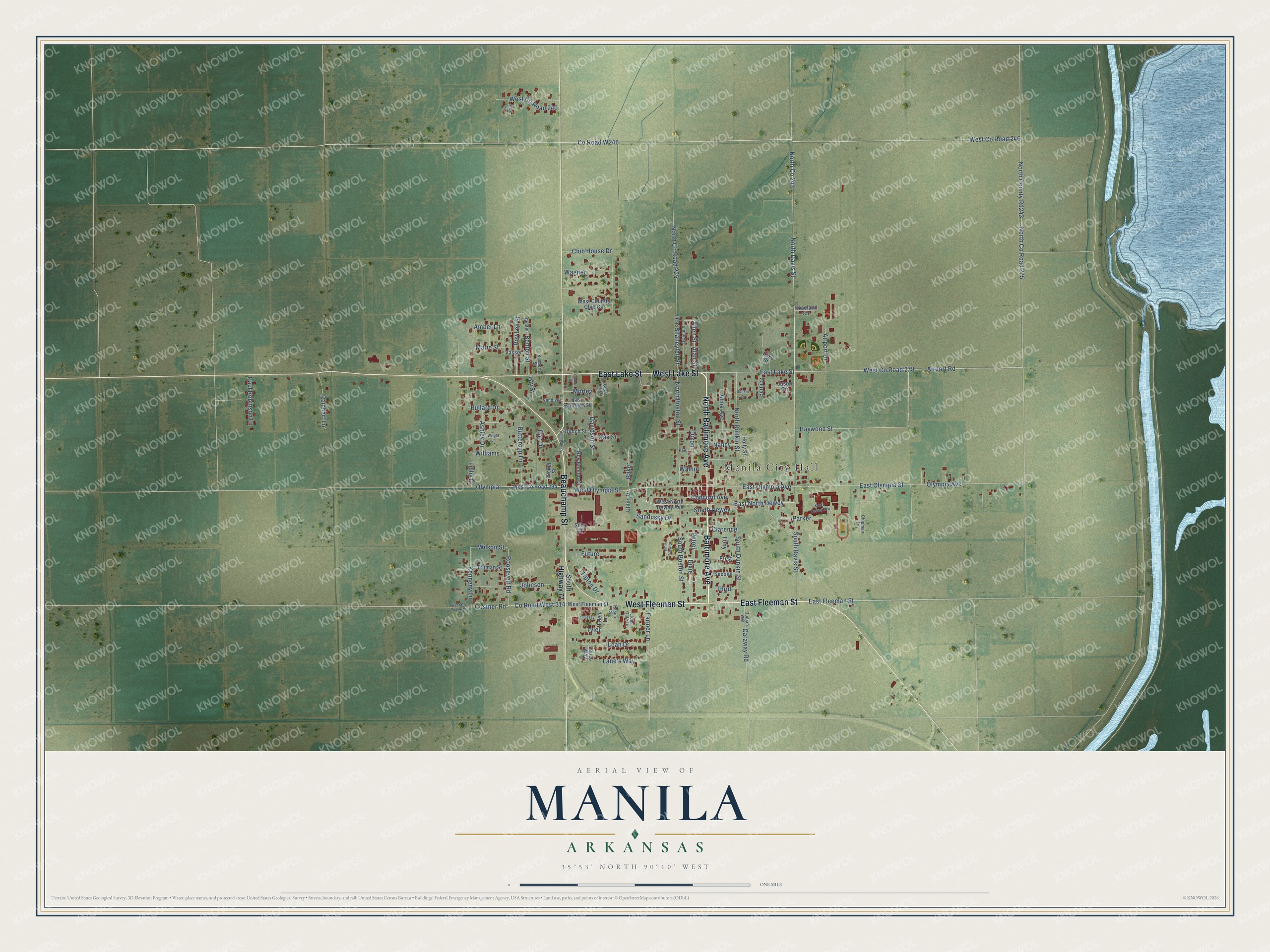 Full map of Manila, Arkansas, with red buildings, printed street names and the land around them