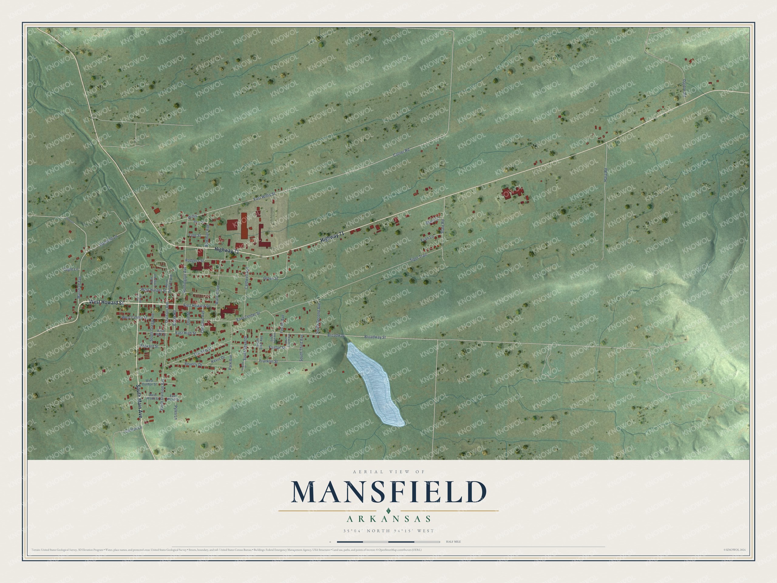 Full map of Mansfield, Arkansas, with red buildings, printed street names and the land around them