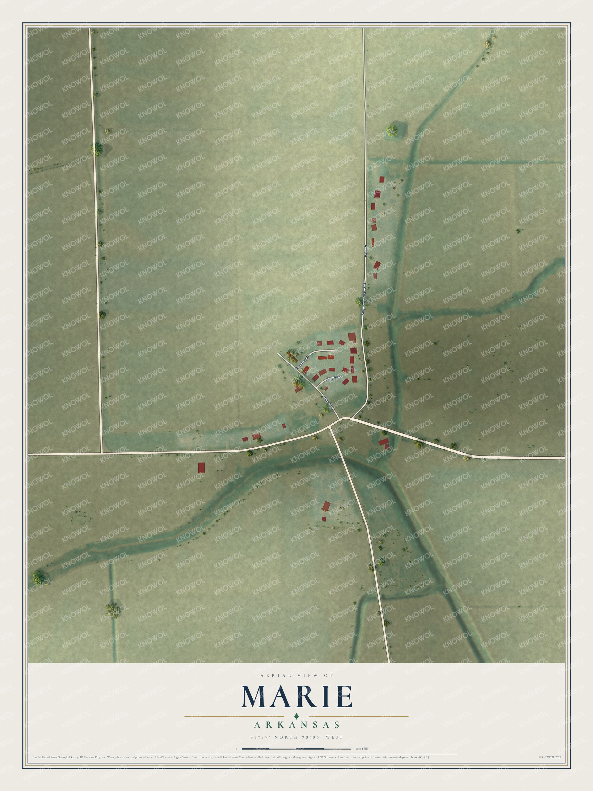 Full map of Marie, Arkansas, with red buildings, printed street names and the land around them