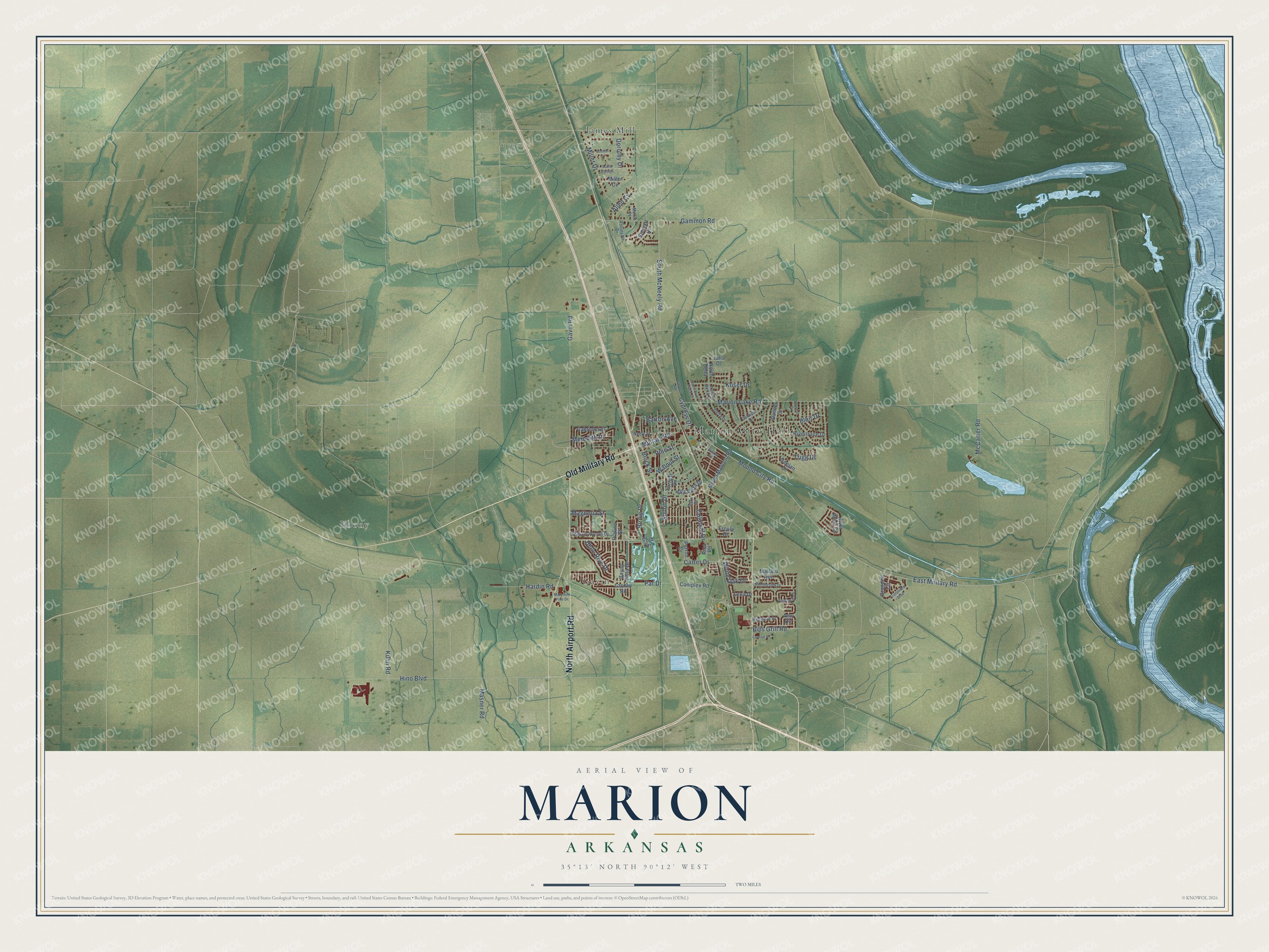 Full map of Marion, Arkansas, with red buildings, printed street names and the land around them