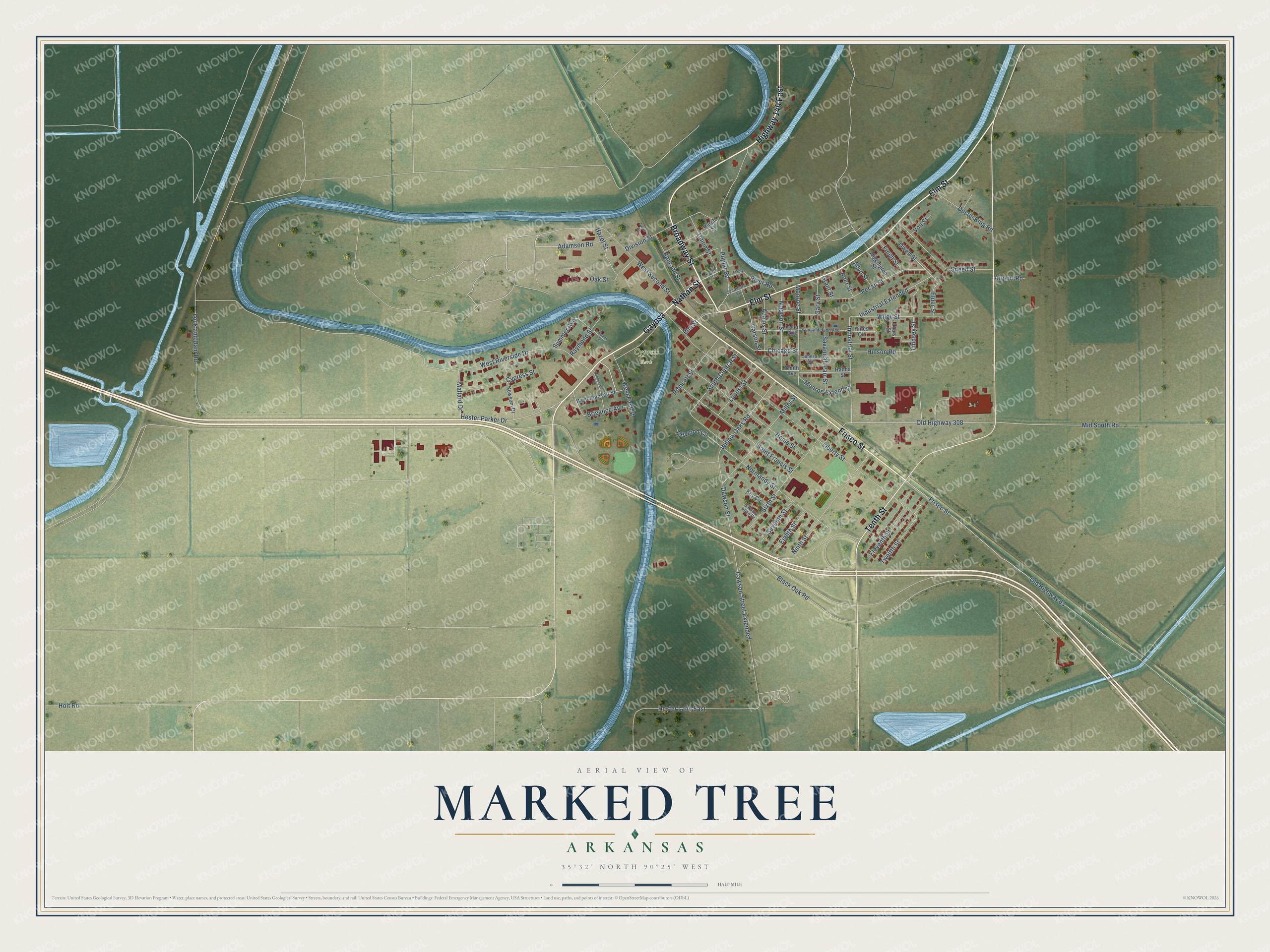 Full map of Marked Tree, Arkansas, with red buildings, printed street names and the land around them