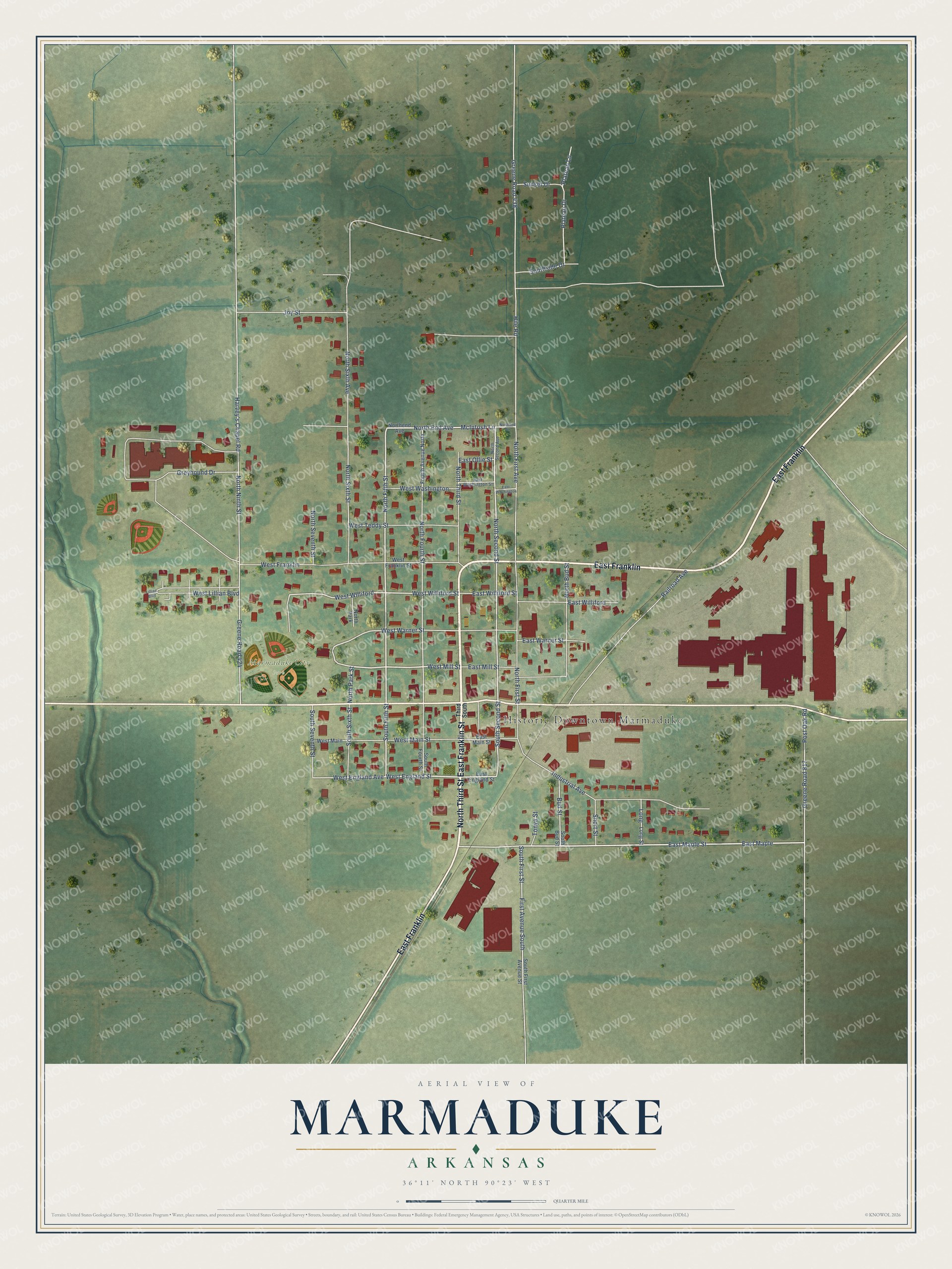 Full map of Marmaduke, Arkansas, with red buildings, printed street names and the land around them