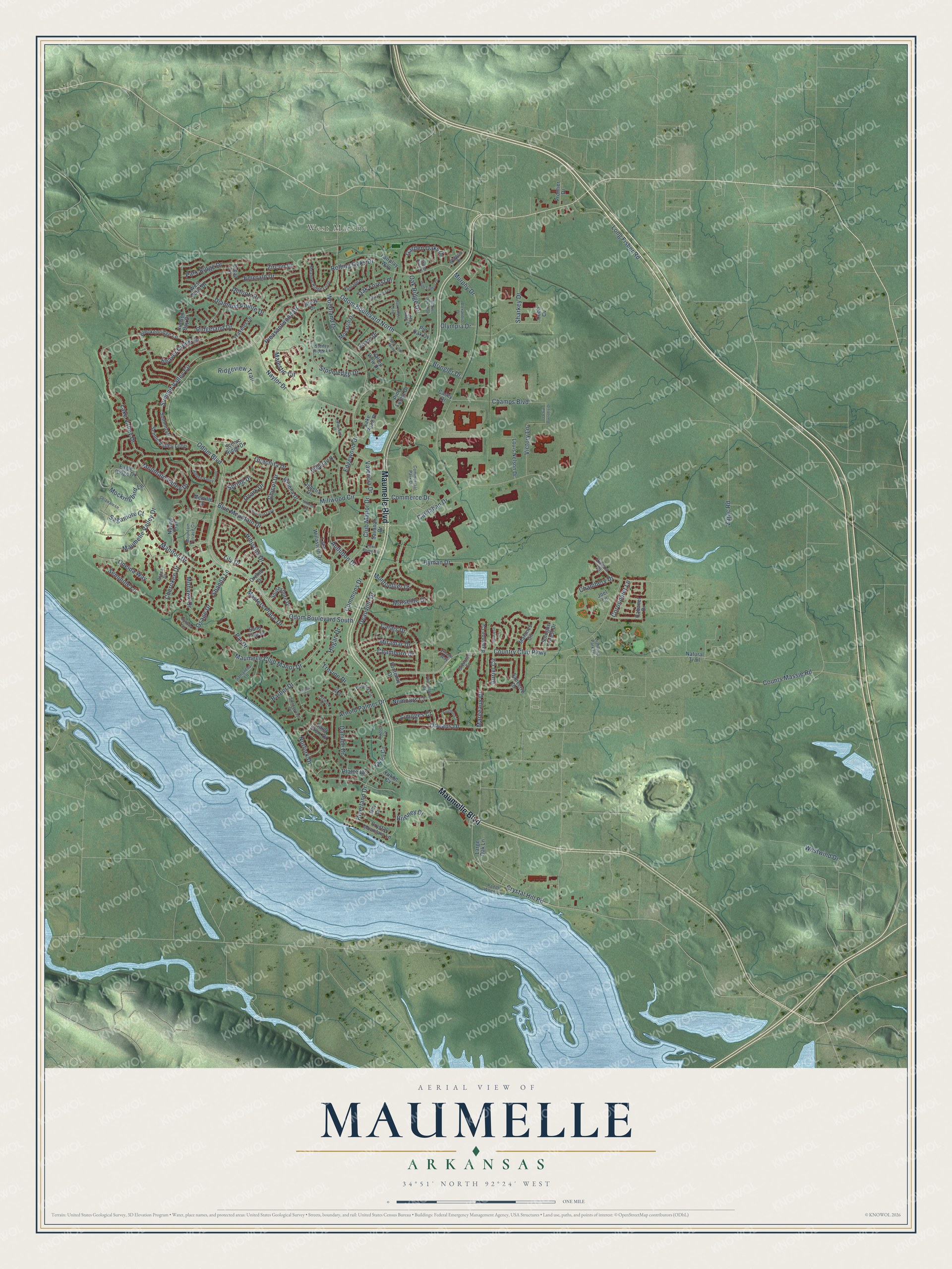 Full map of Maumelle, Arkansas, with red buildings, printed street names and the land around them