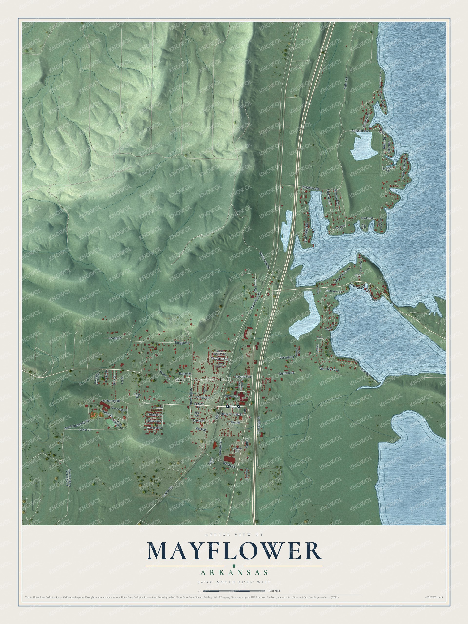 Full map of Mayflower, Arkansas, with red buildings, printed street names and the land around them