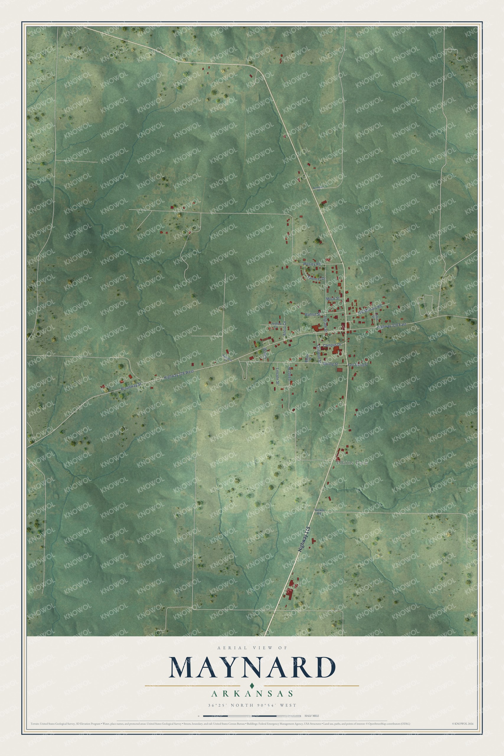 Full map of Maynard, Arkansas, with red buildings, printed street names and the land around them