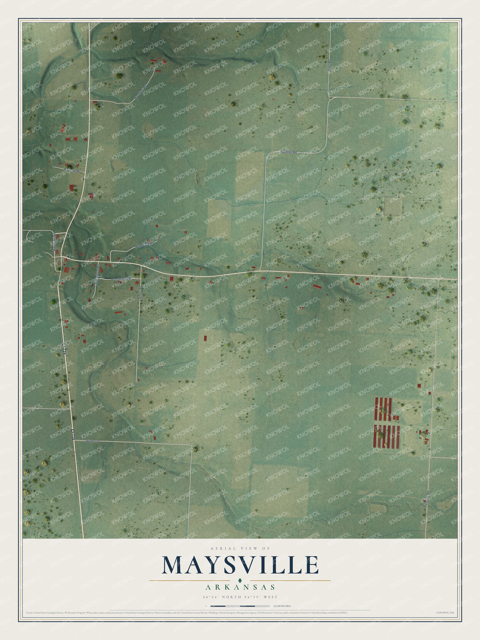 Full map of Maysville, Arkansas, with red buildings, printed street names and the land around them