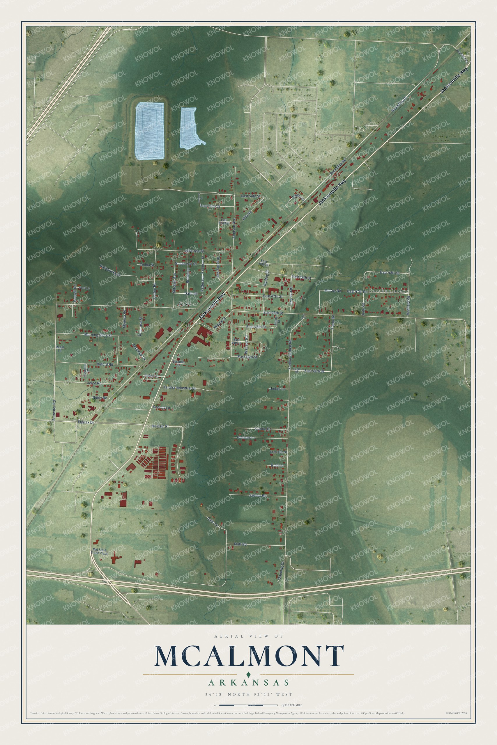 Full map of McAlmont, Arkansas, with red buildings, printed street names and the land around them