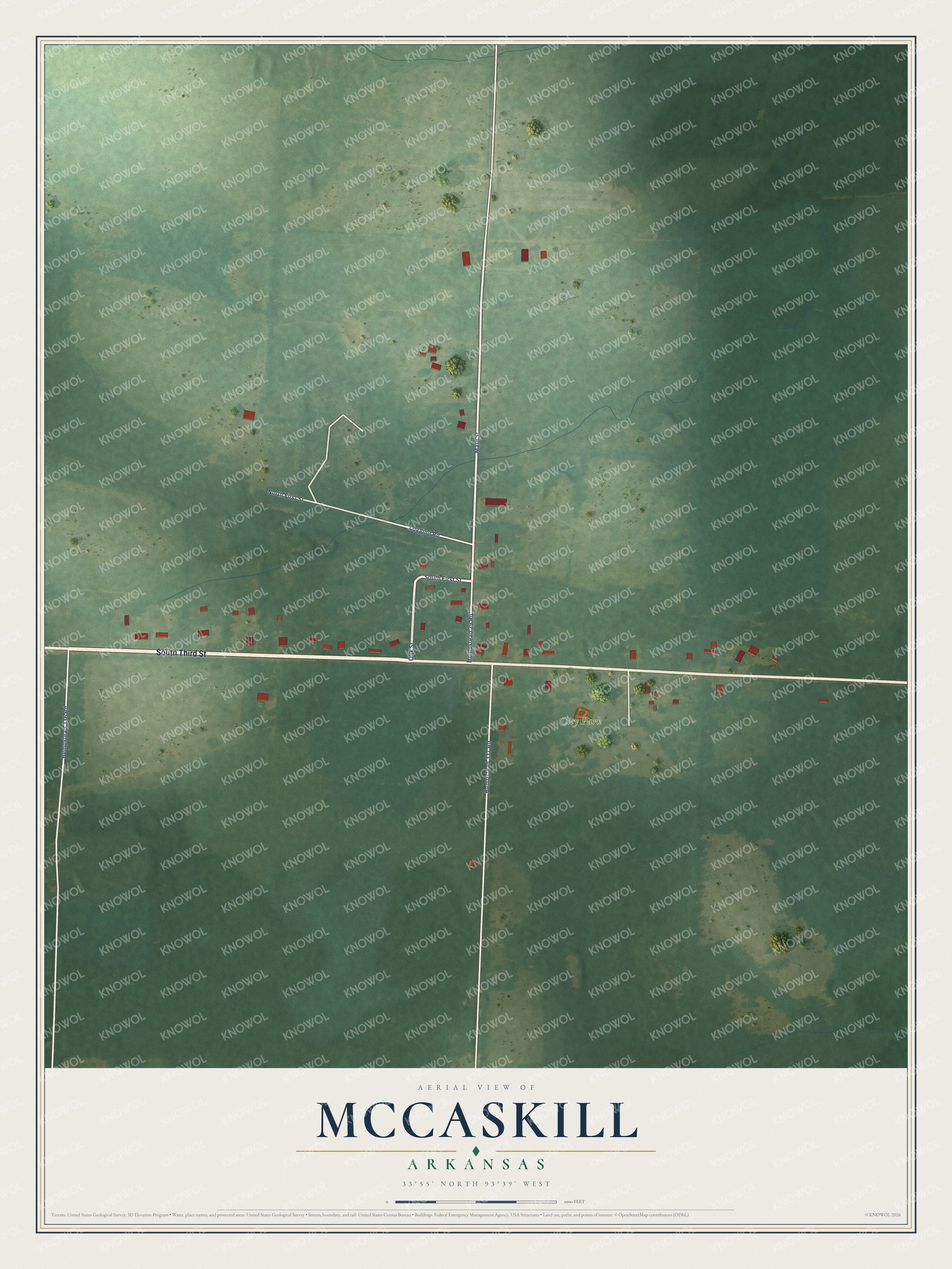 Full map of McCaskill, Arkansas, with red buildings, printed street names and the land around them