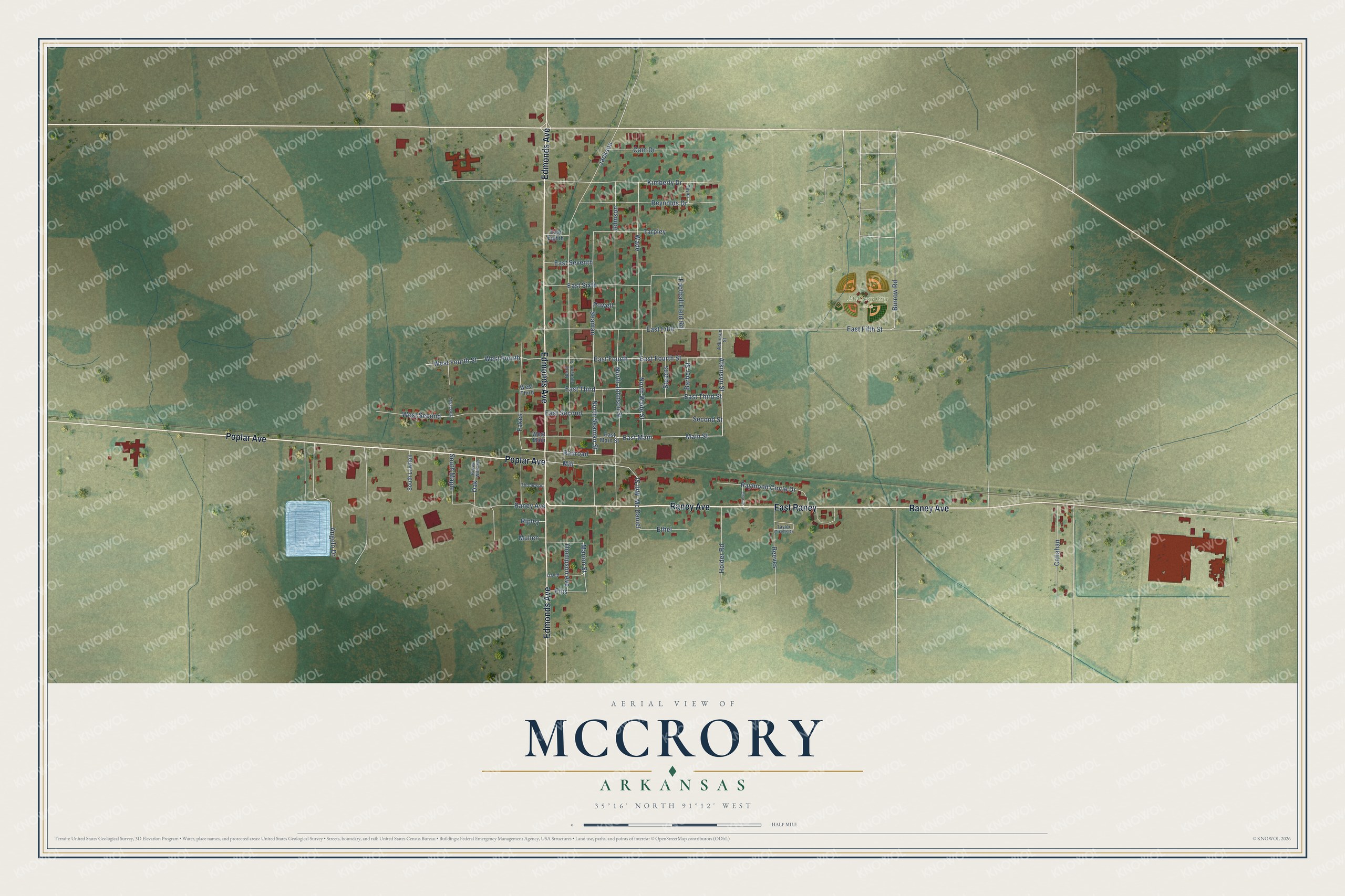Full map of McCrory, Arkansas, with red buildings, printed street names and the land around them