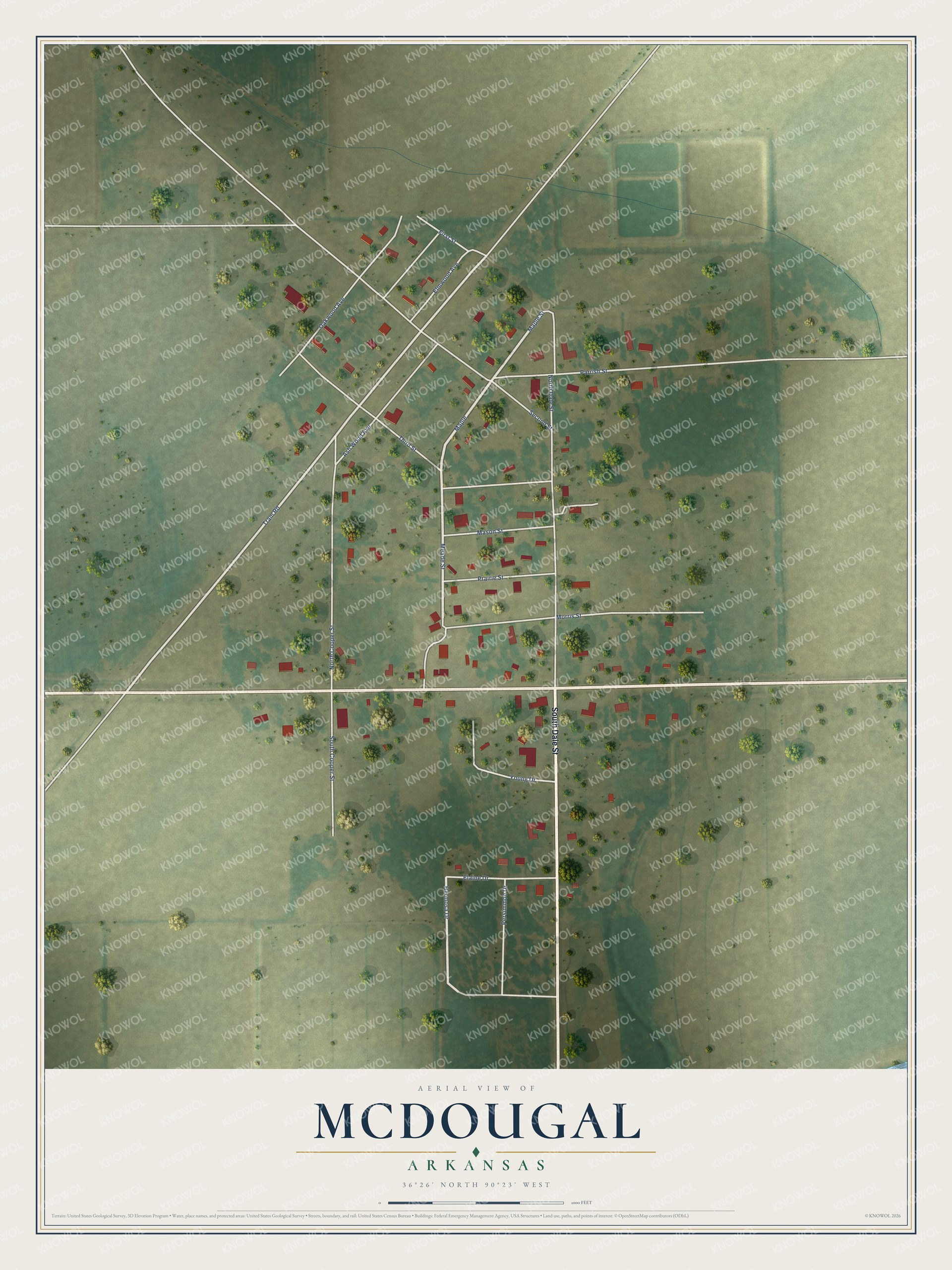 Full map of McDougal, Arkansas, with red buildings, printed street names and the land around them