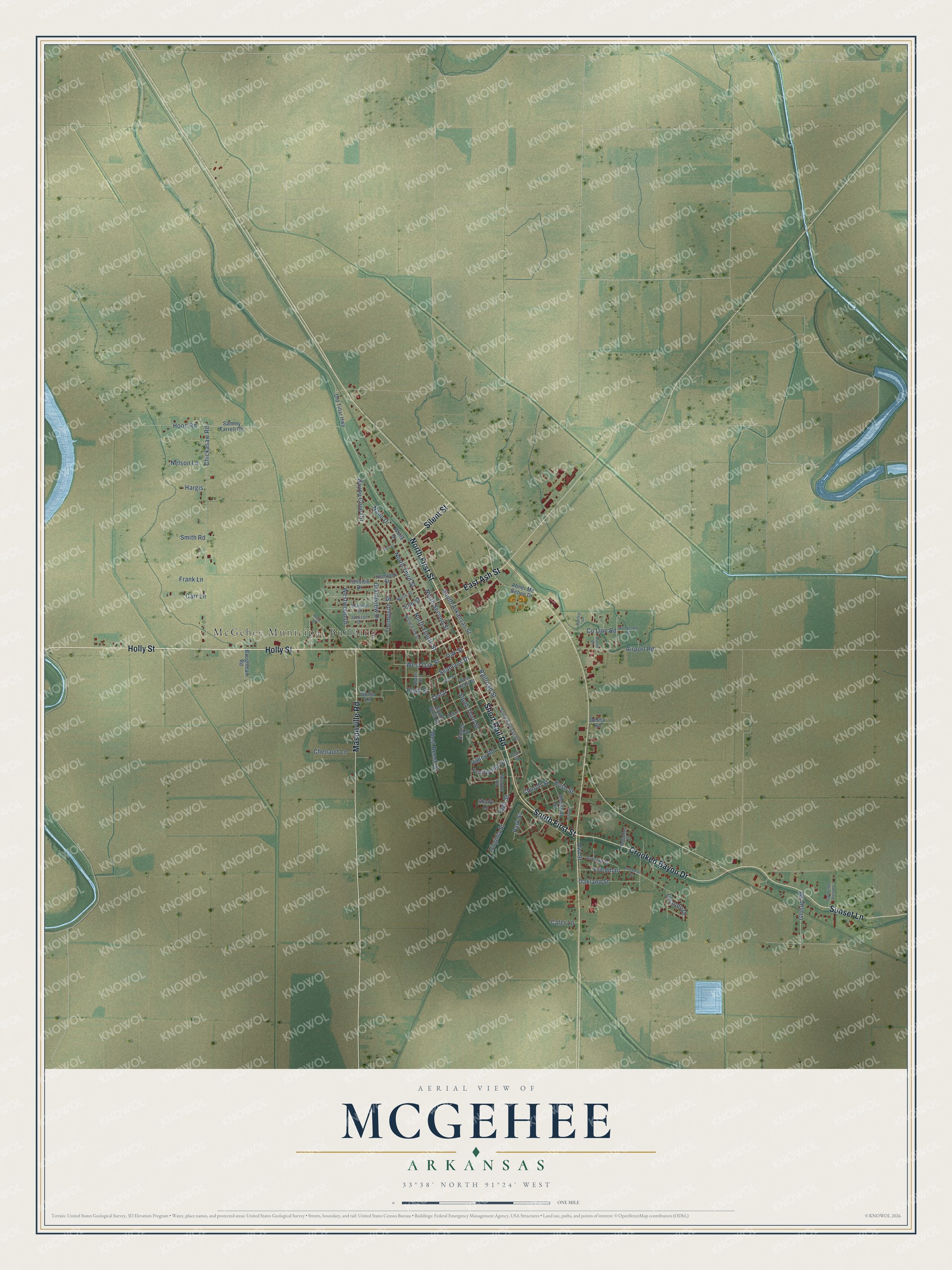 Full map of McGehee, Arkansas, with red buildings, printed street names and the land around them