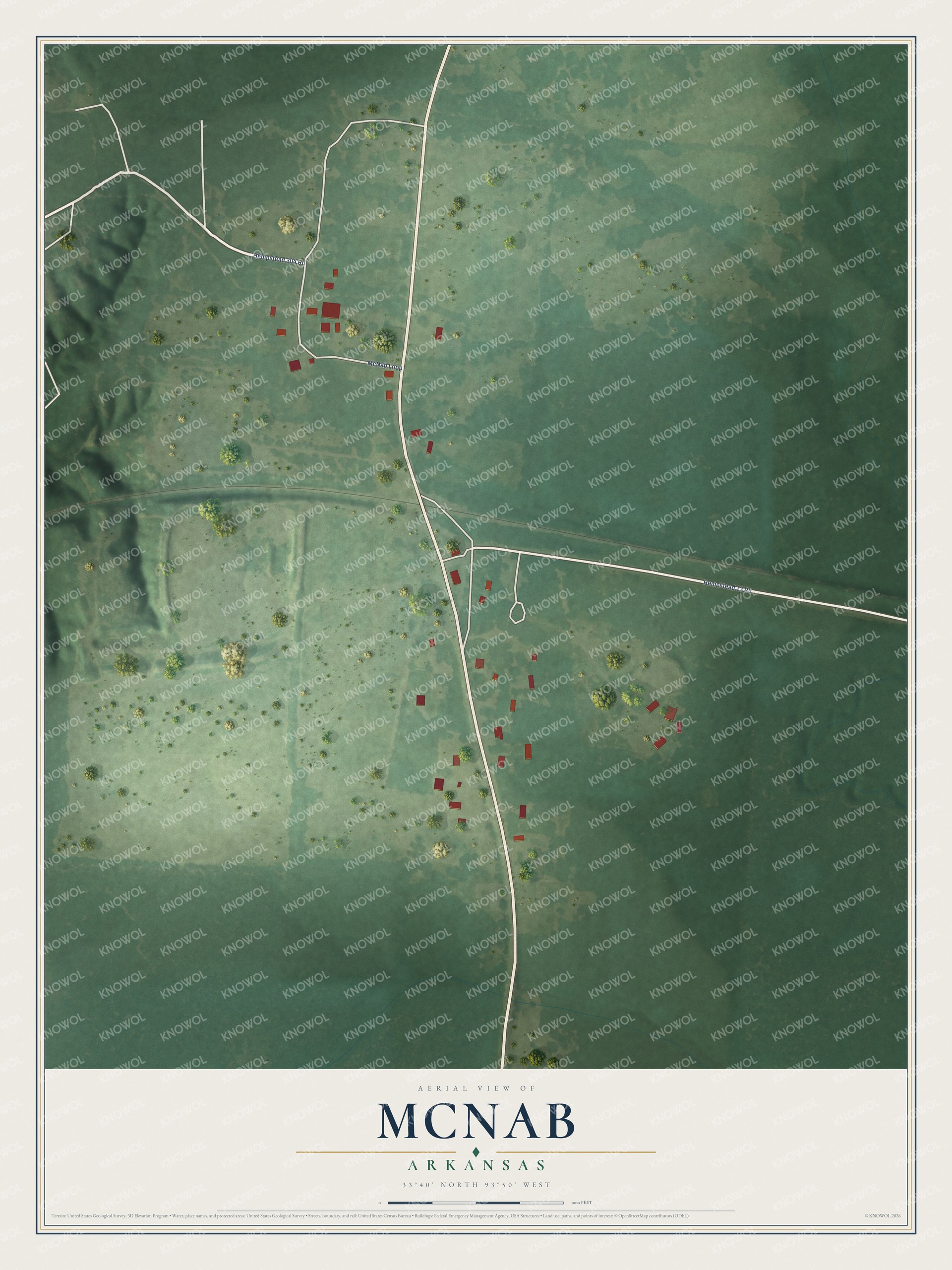 Full map of McNab, Arkansas, with red buildings, printed street names and the land around them