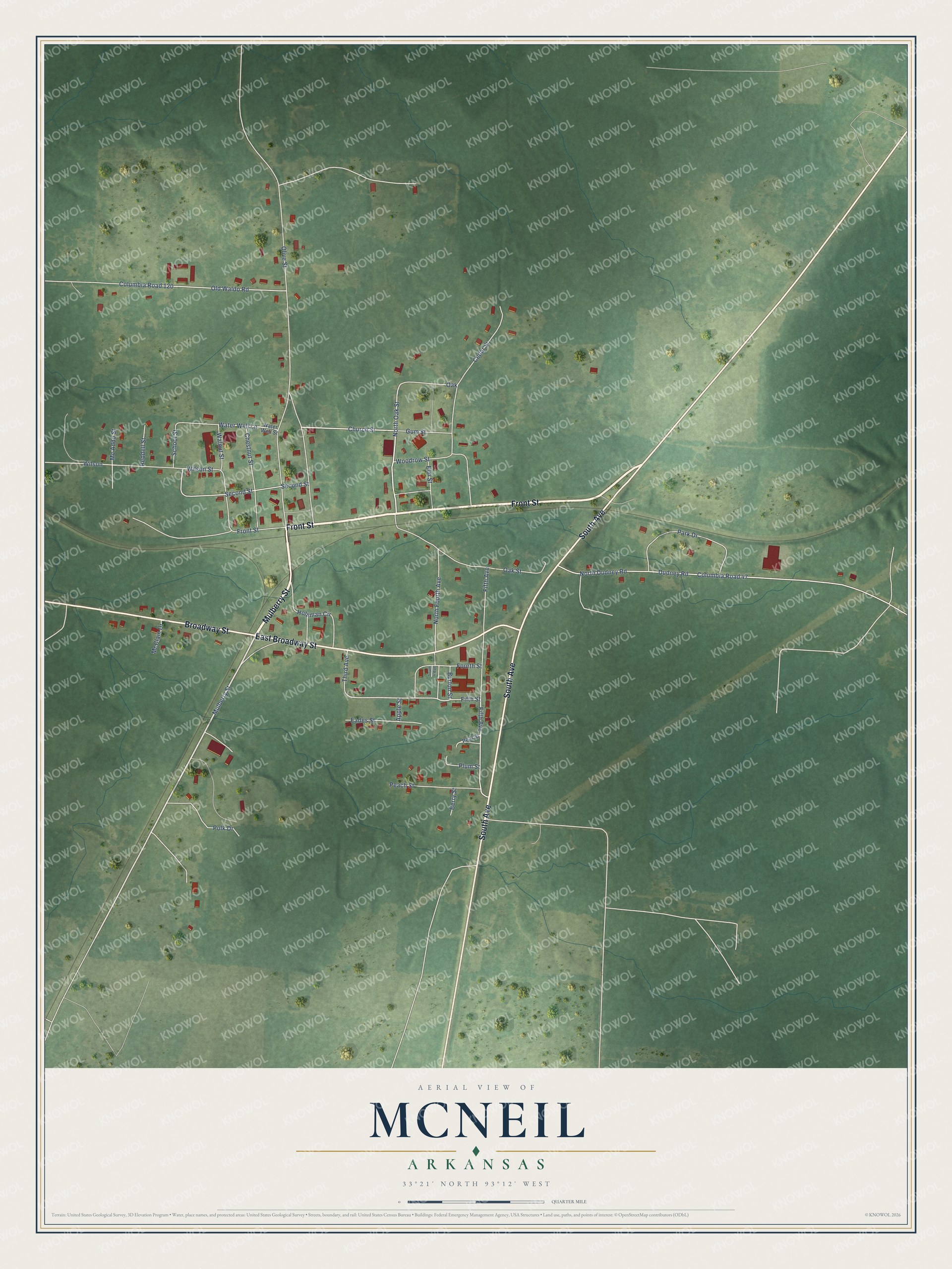 Full map of McNeil, Arkansas, with red buildings, printed street names and the land around them