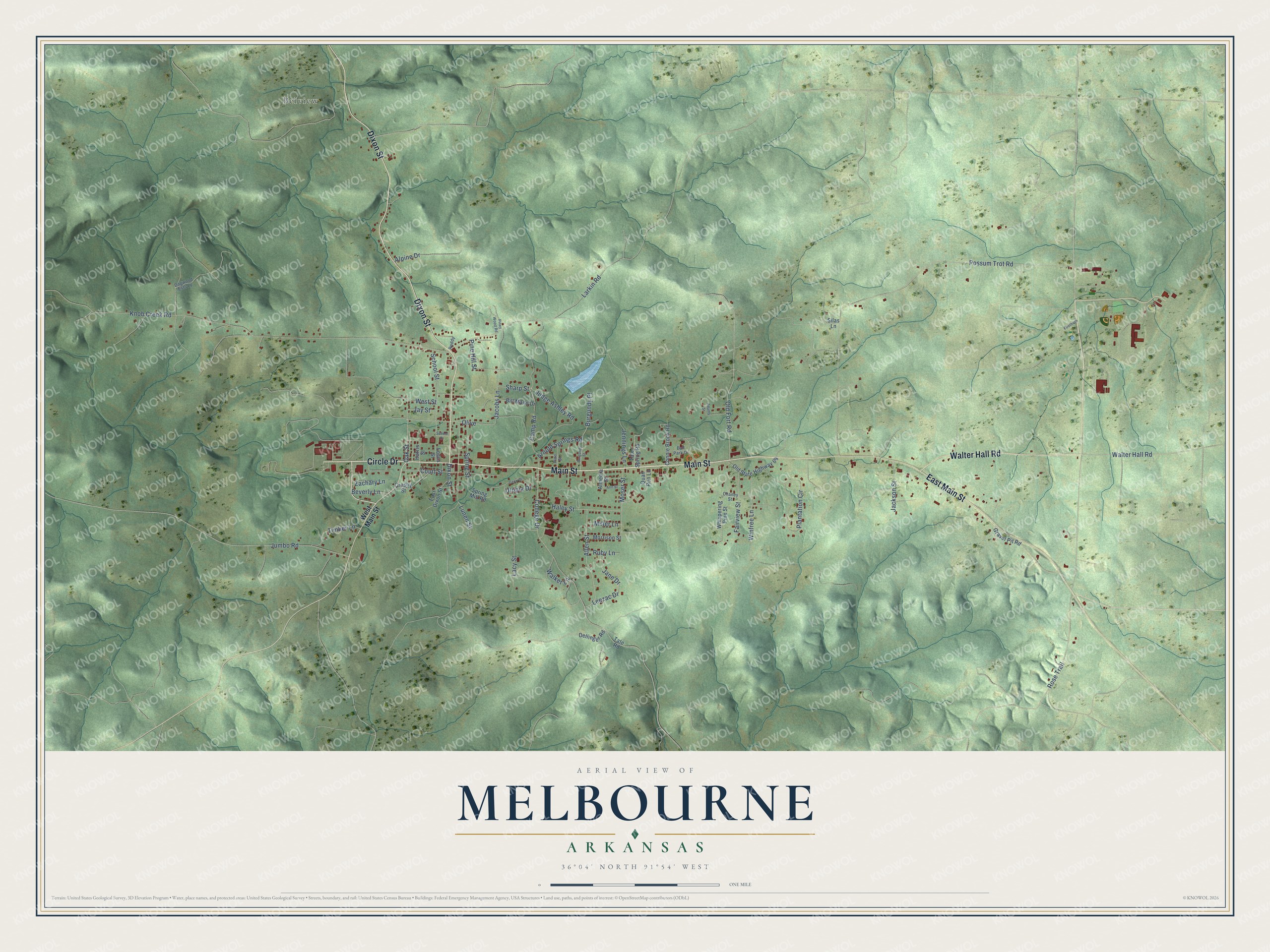 Full map of Melbourne, Arkansas, with red buildings, printed street names and the land around them