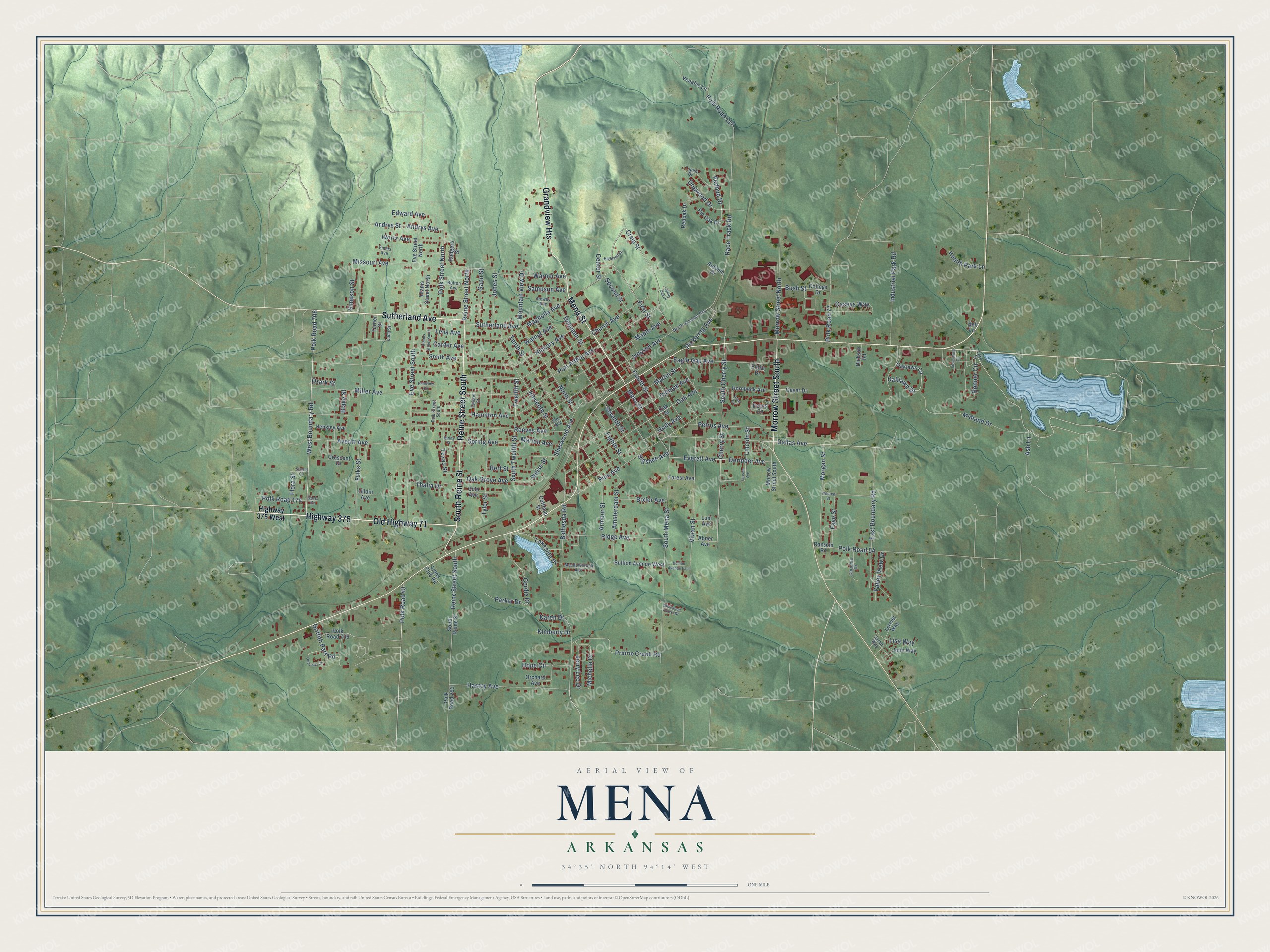 Full map of Mena, Arkansas, with red buildings, printed street names and the land around them