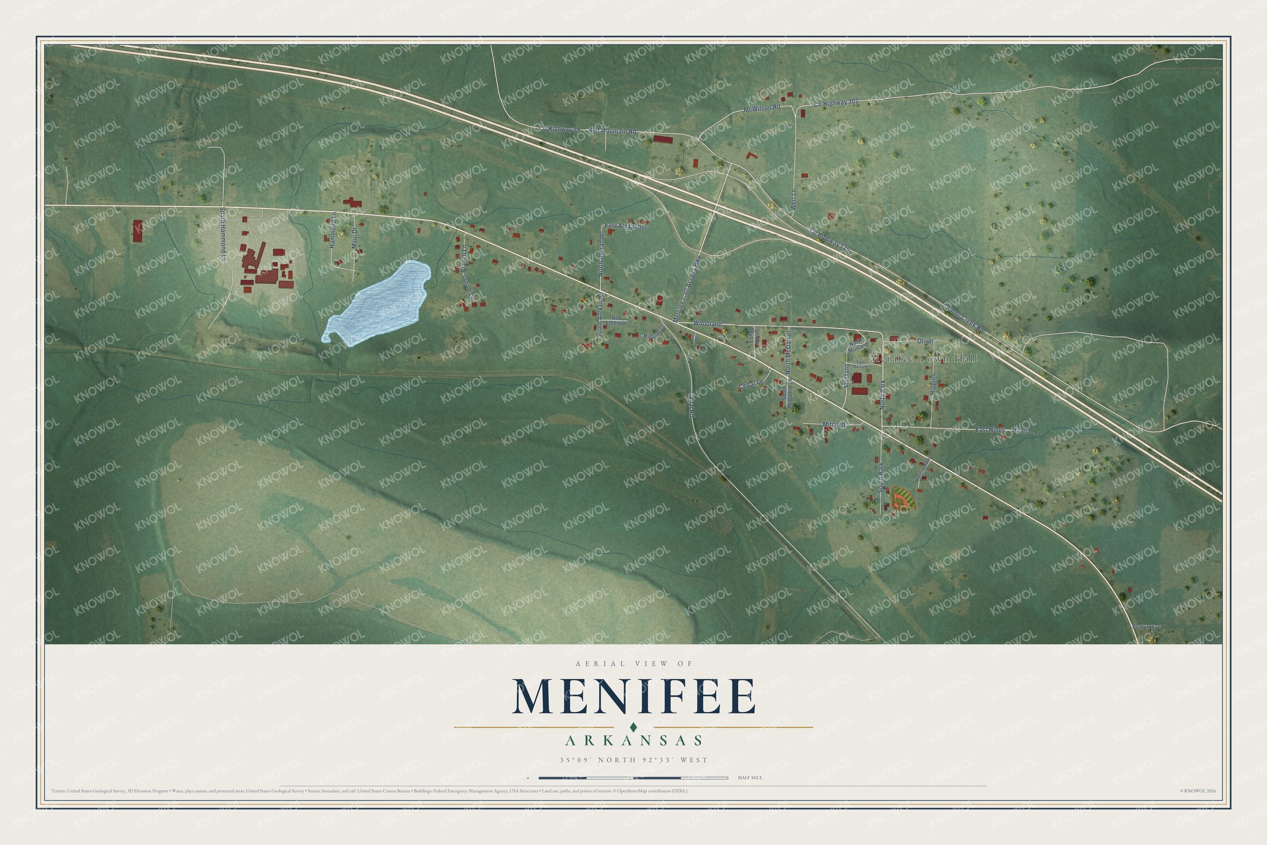 Full map of Menifee, Arkansas, with red buildings, printed street names and the land around them