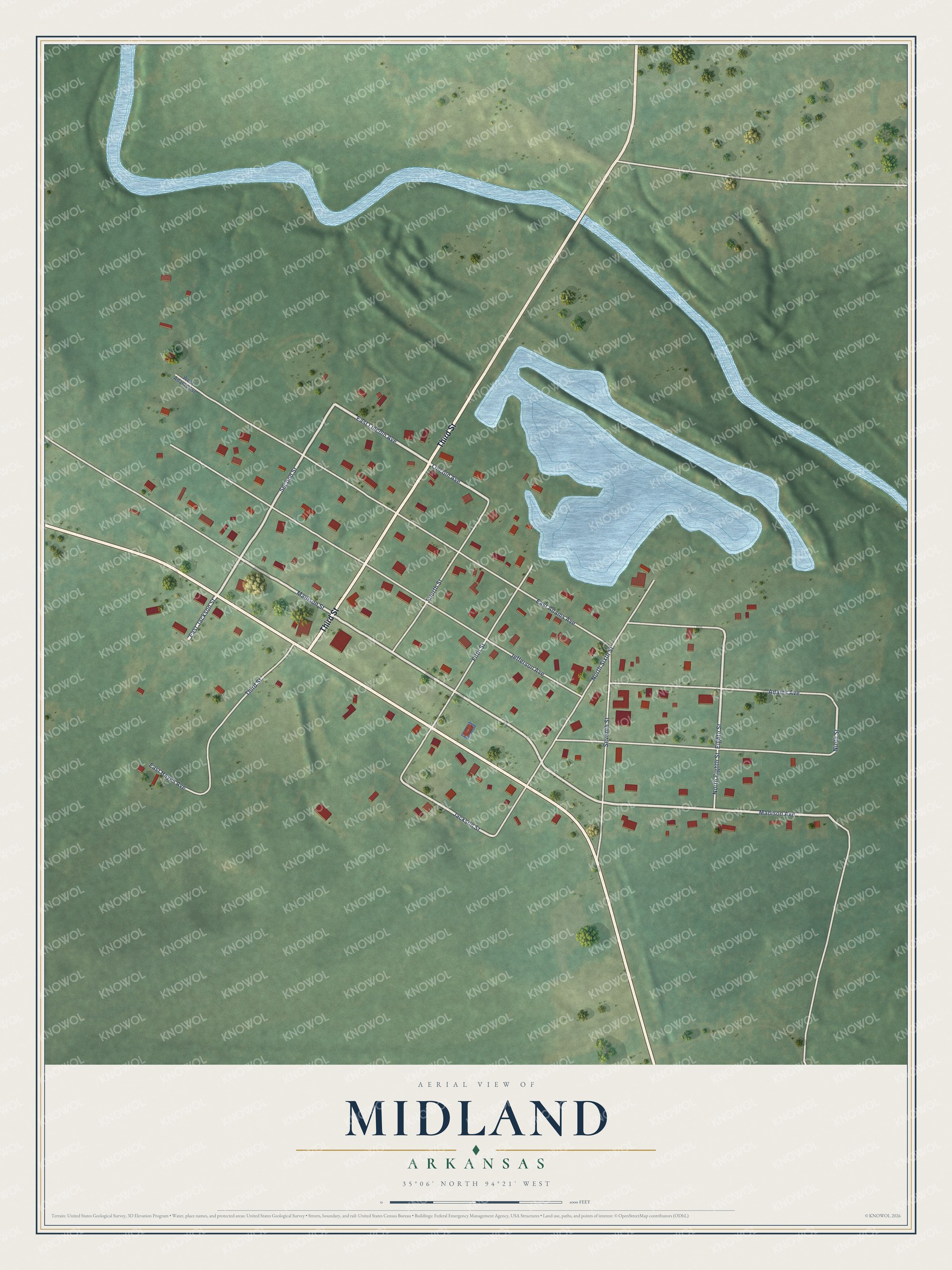 Full map of Midland, Arkansas, with red buildings, printed street names and the land around them